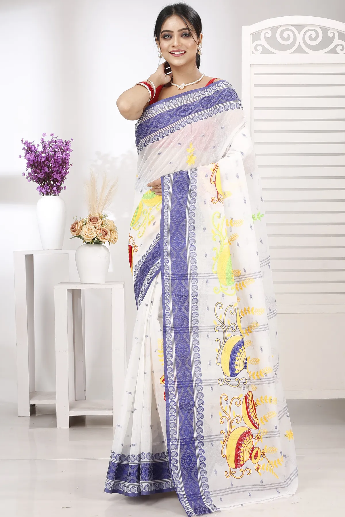 DipDiya Pure Cotton Blue White Embi Boysko Ghot Bengal’s Tradition Embroidery Tant Sarees