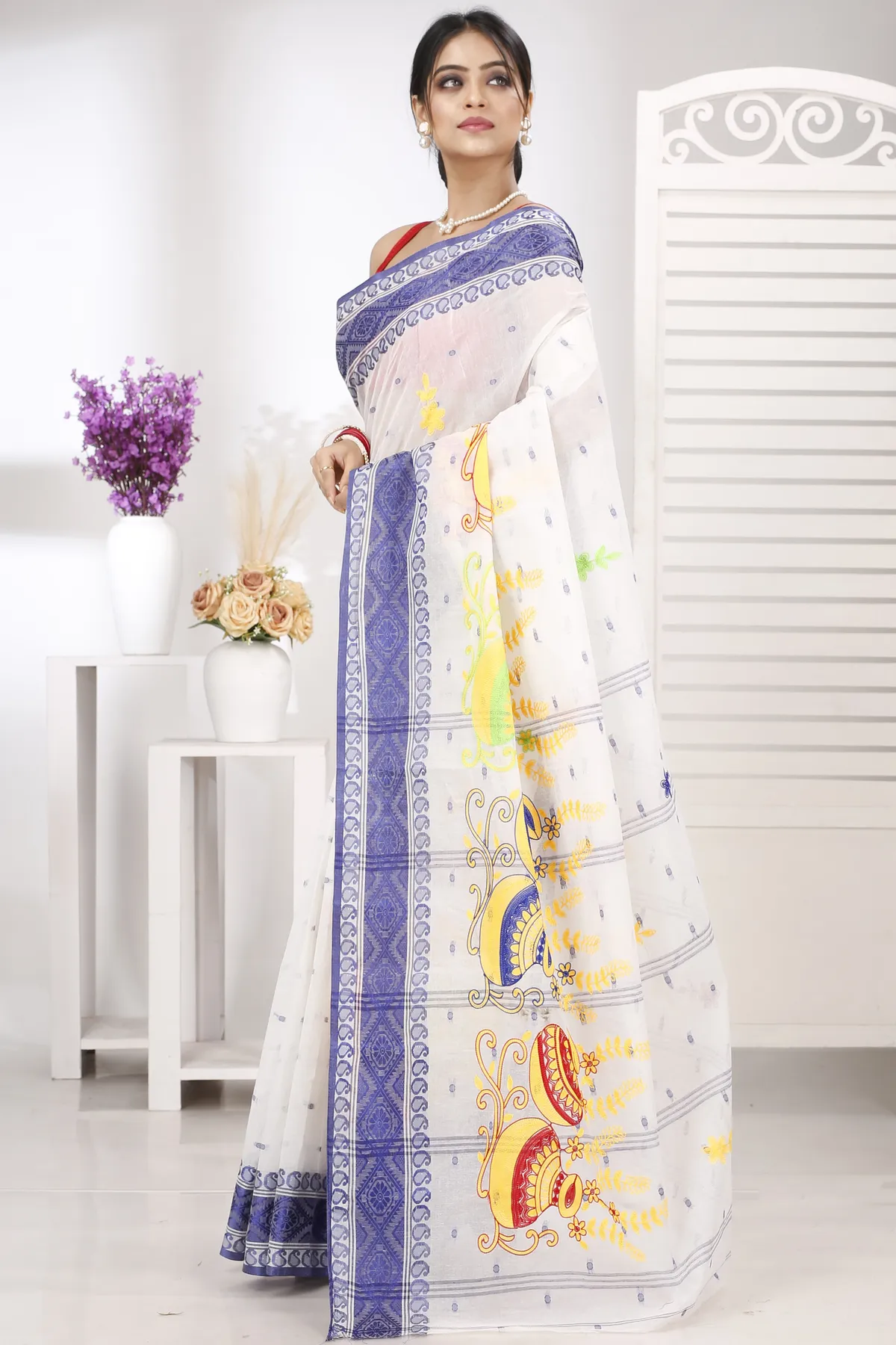 DipDiya Pure Cotton Blue White Embi Boysko Ghot Bengal’s Tradition Embroidery Tant Sarees