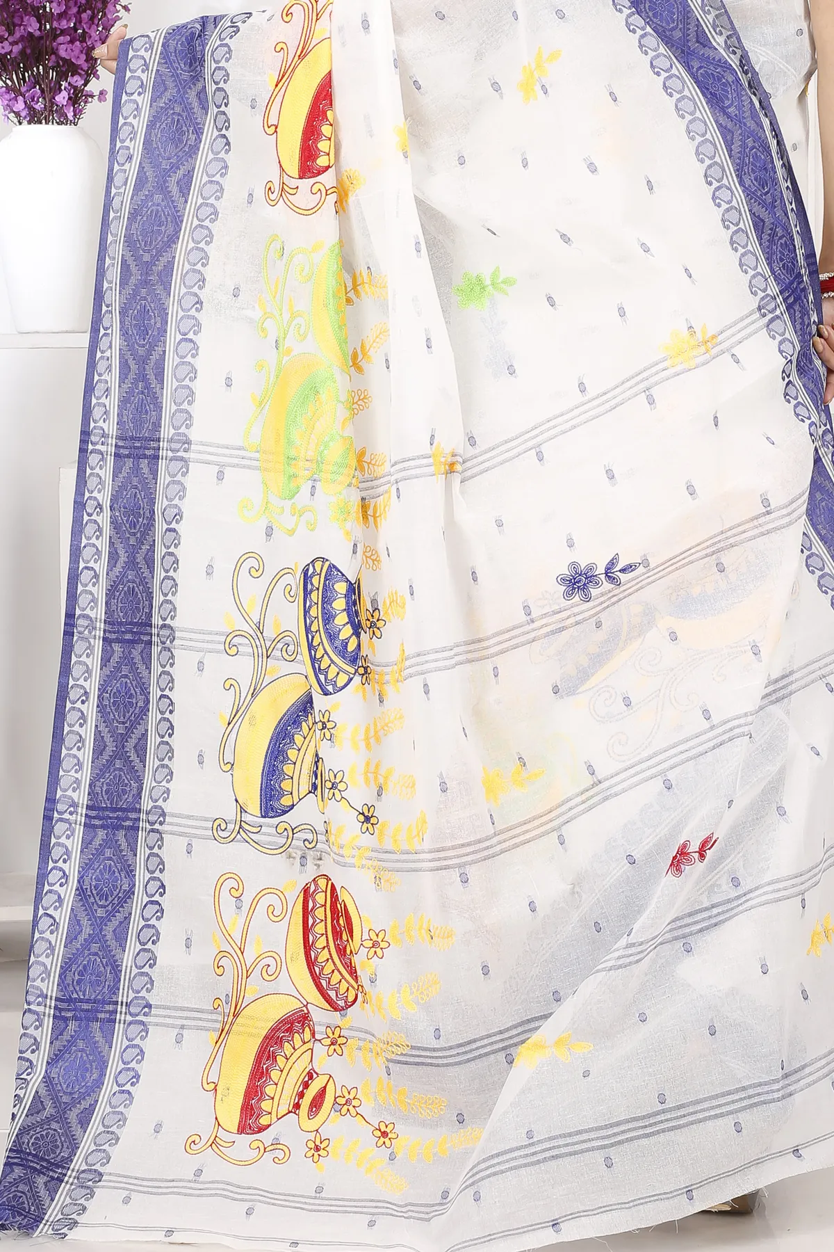 DipDiya Pure Cotton Blue White Embi Boysko Ghot Bengal’s Tradition Embroidery Tant Sarees
