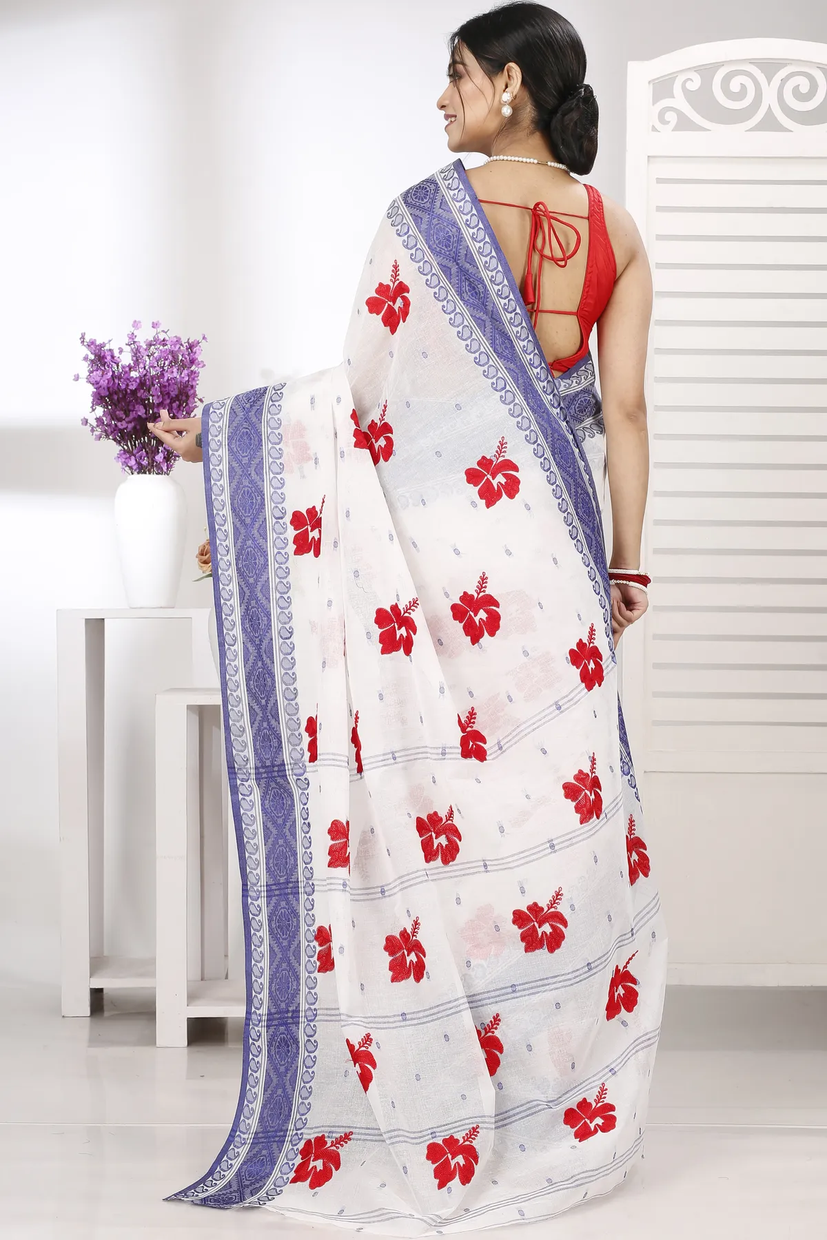 DipDiya Pure Cotton Blue White Embi Boysko Jova Timeless Bengal Embroidery Tant Sarees