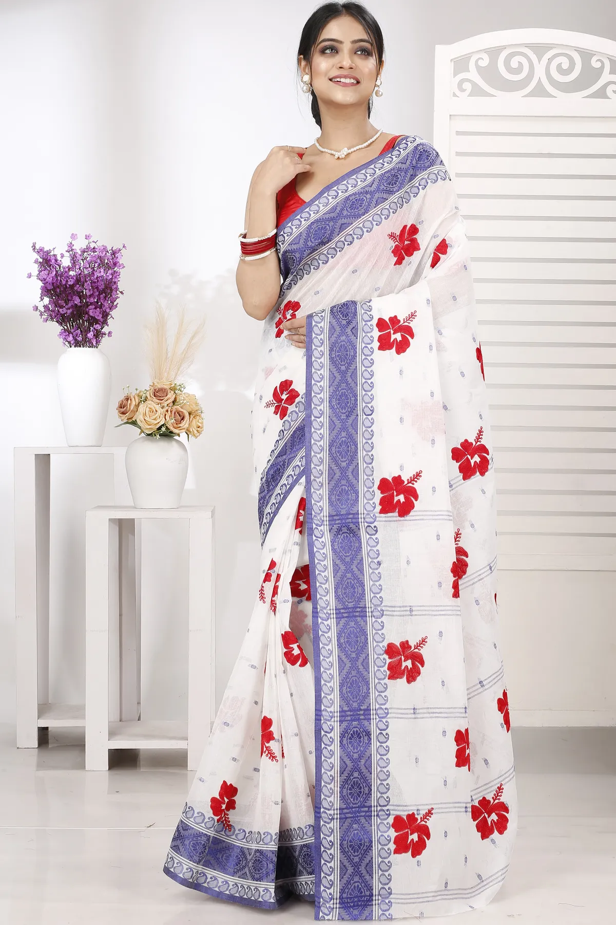 DipDiya Pure Cotton Blue White Embi Boysko Jova Timeless Bengal Embroidery Tant Sarees