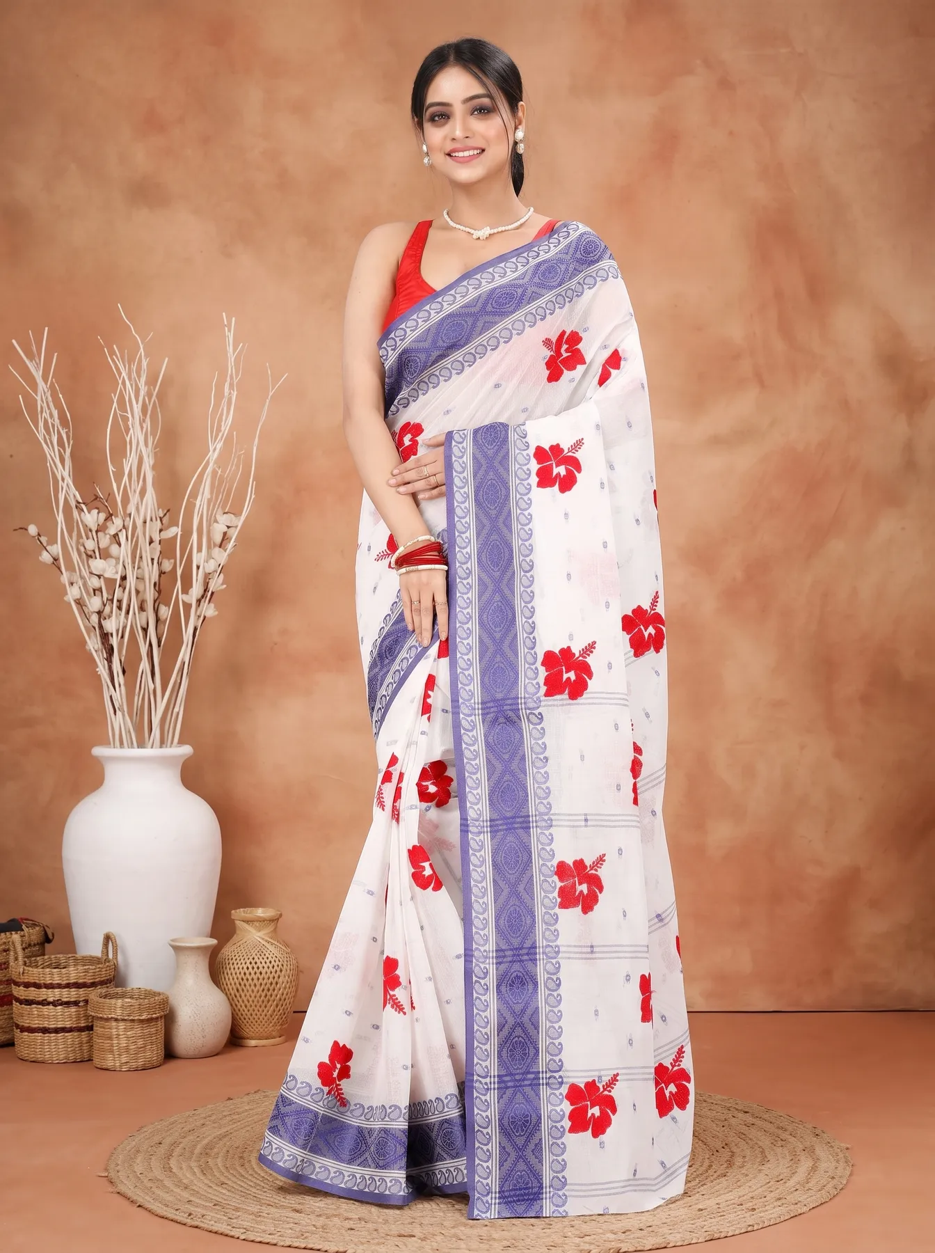 DipDiya Pure Cotton Blue White Embi Boysko Jova Timeless Bengal Embroidery Tant Sarees