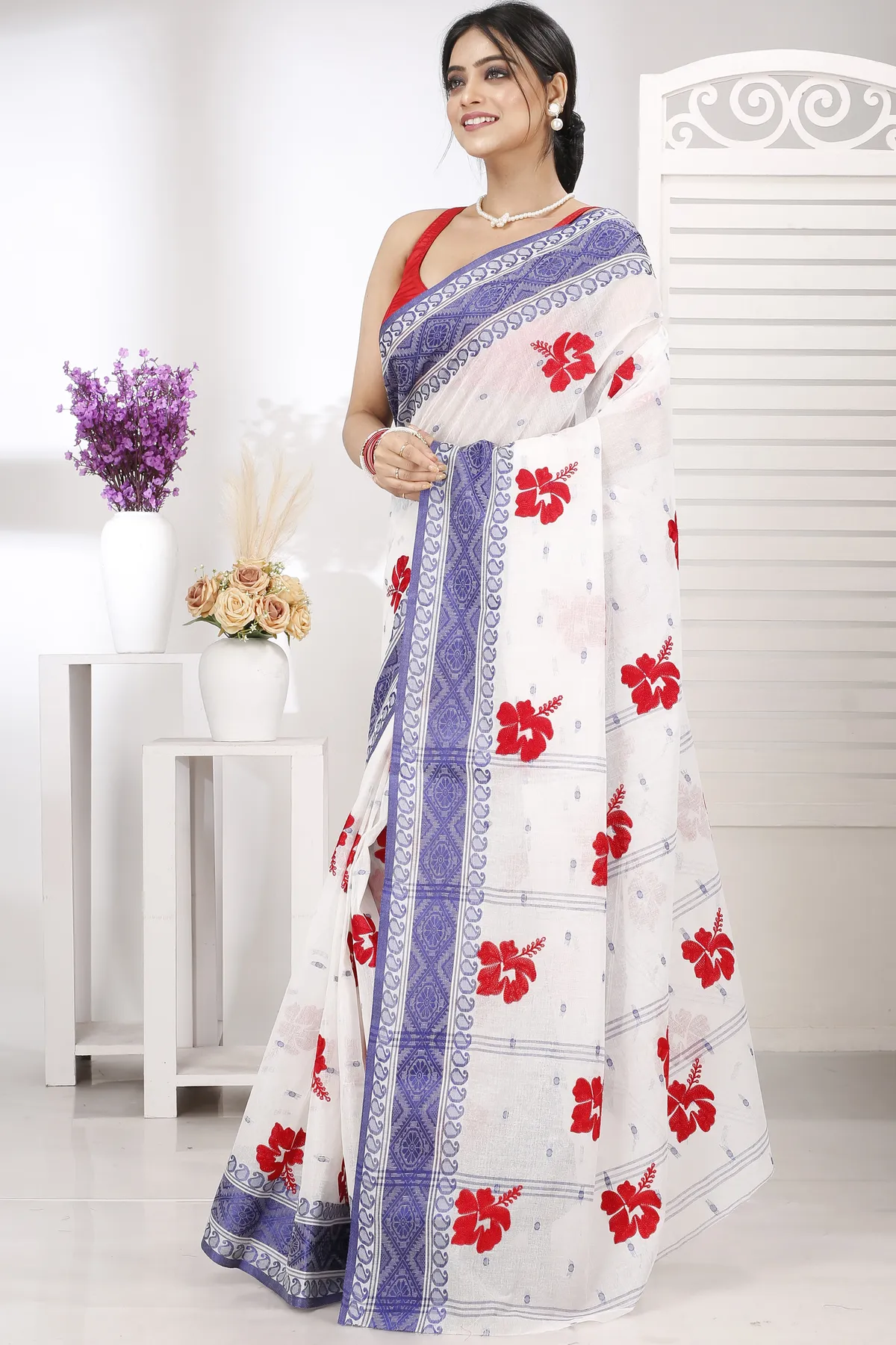 DipDiya Pure Cotton Blue White Embi Boysko Jova Timeless Bengal Embroidery Tant Sarees