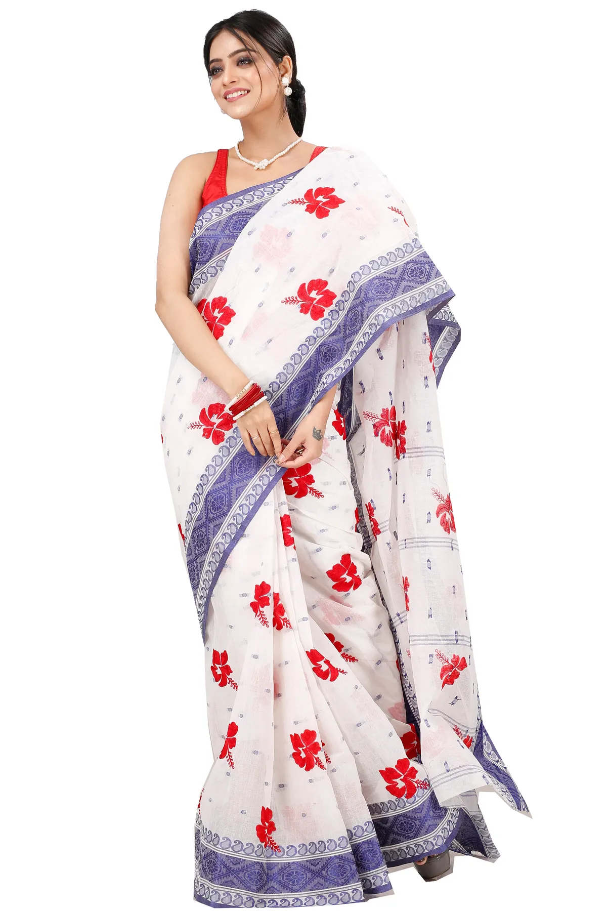 DipDiya Pure Cotton Blue White Embi Boysko Jova Timeless Bengal Embroidery Tant Sarees