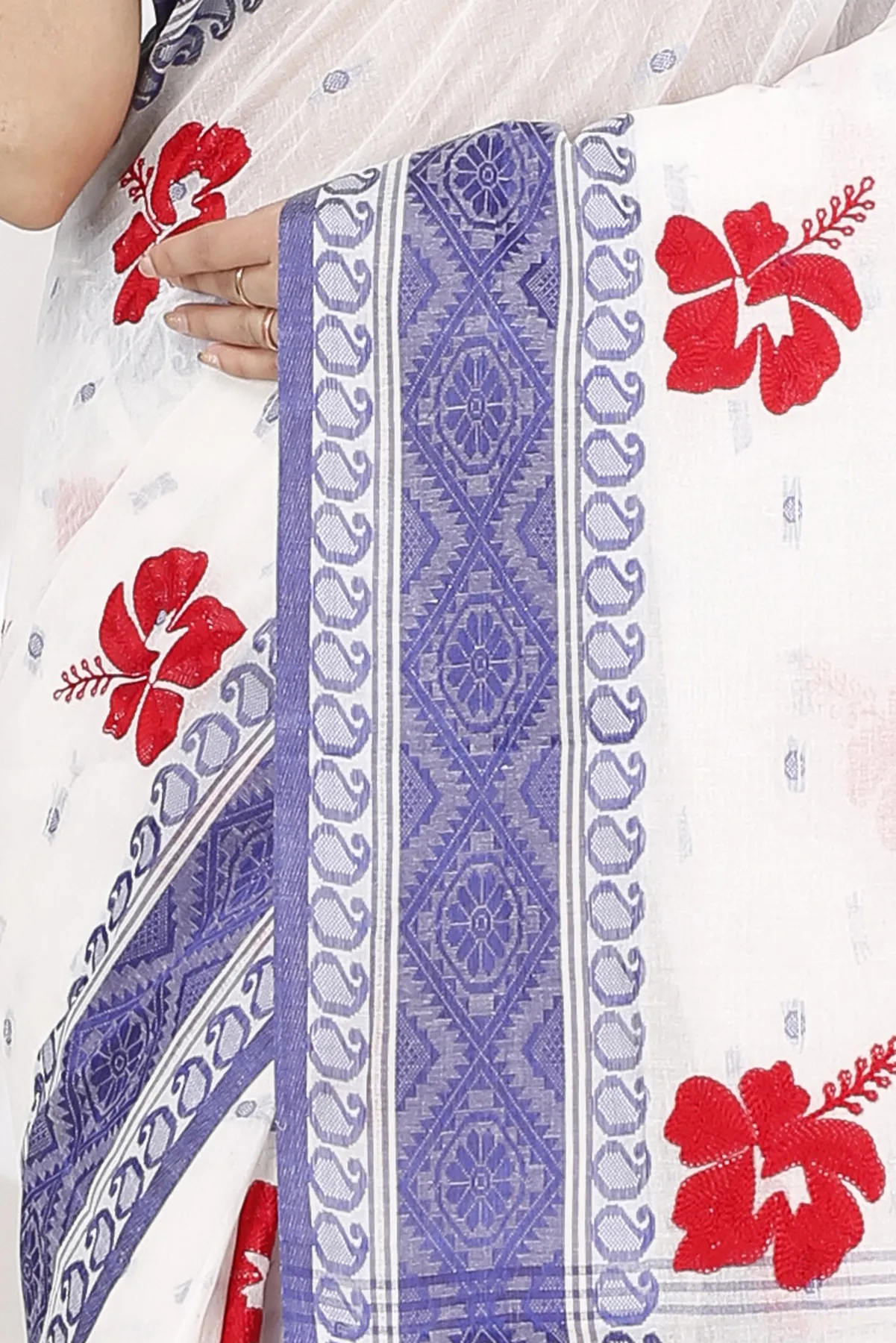 DipDiya Pure Cotton Blue White Embi Boysko Jova Timeless Bengal Embroidery Tant Sarees