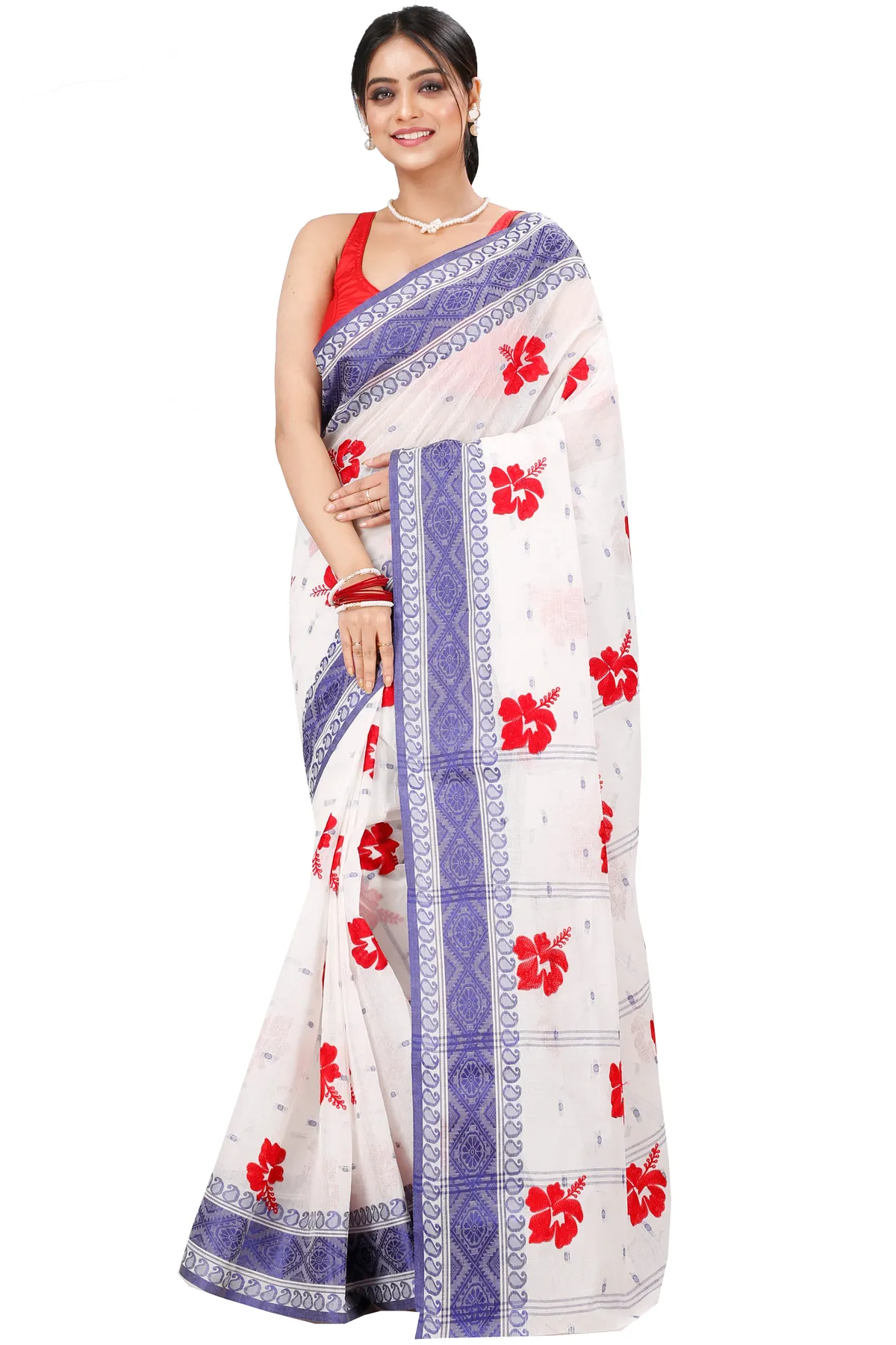 DipDiya Pure Cotton Blue White Embi Boysko Jova Timeless Bengal Embroidery Tant Sarees