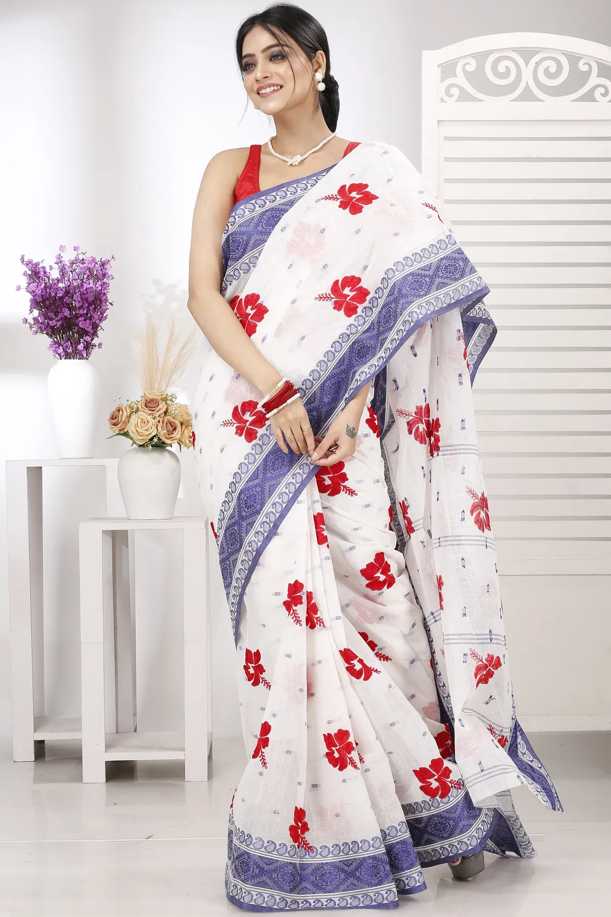 DipDiya Pure Cotton Blue White Embi Boysko Jova Timeless Bengal Embroidery Tant Sarees