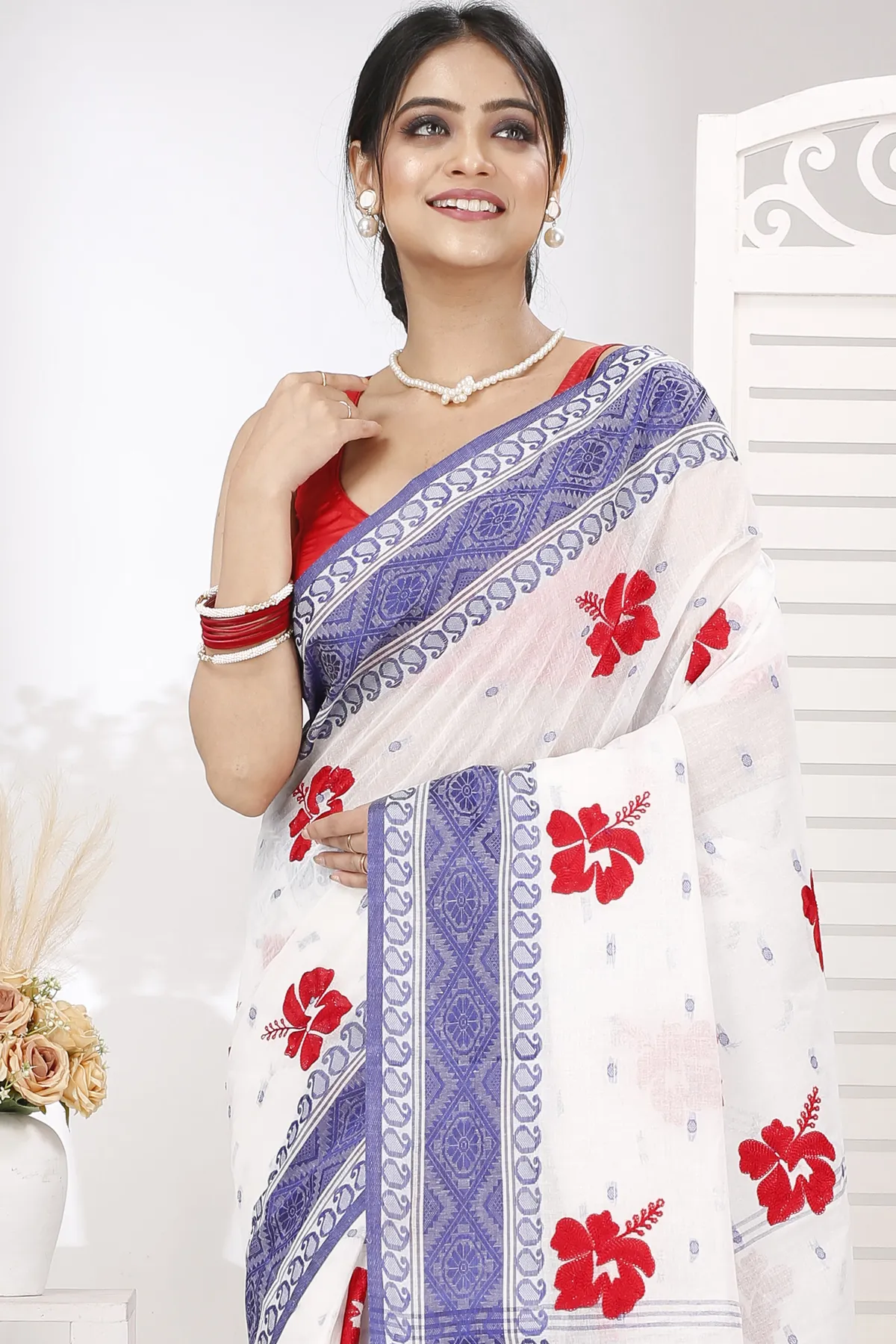 DipDiya Pure Cotton Blue White Embi Boysko Jova Timeless Bengal Embroidery Tant Sarees