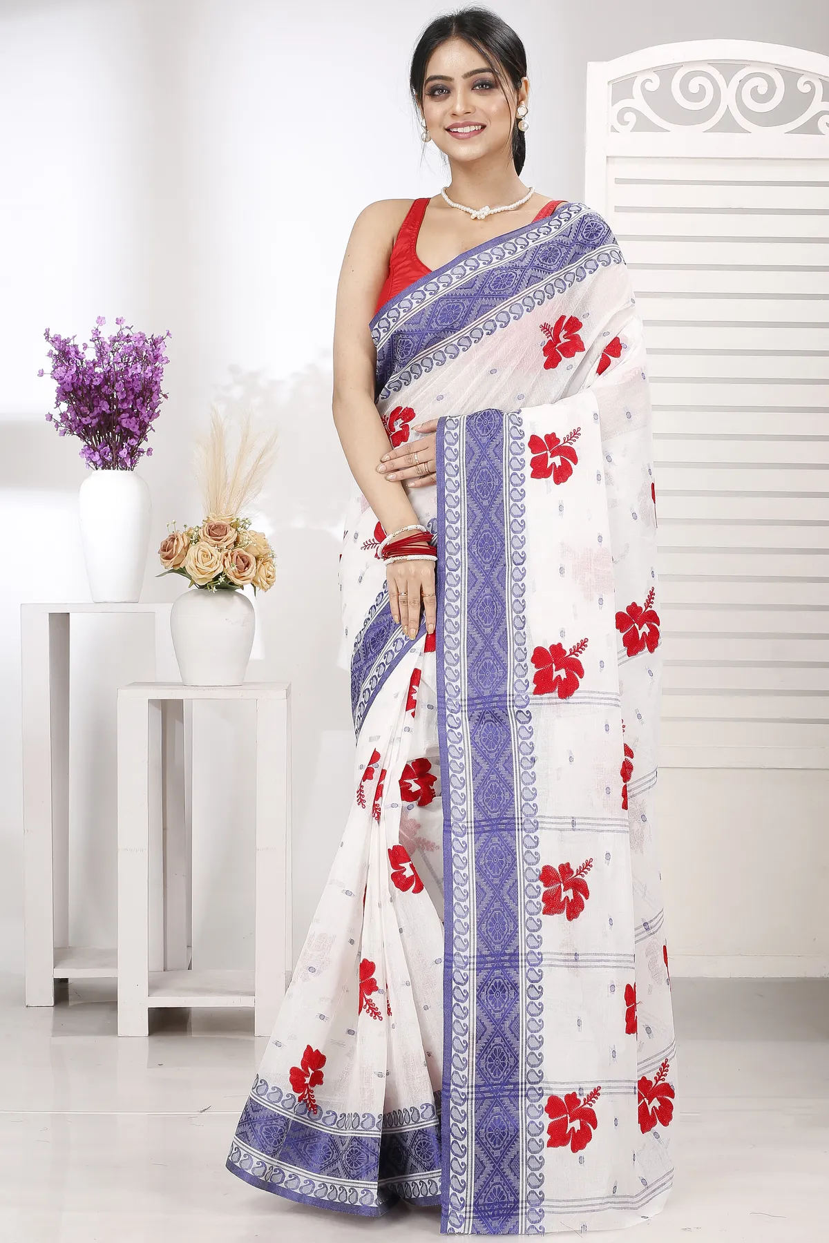 DipDiya Pure Cotton Blue White Embi Boysko Jova Timeless Bengal Embroidery Tant Sarees