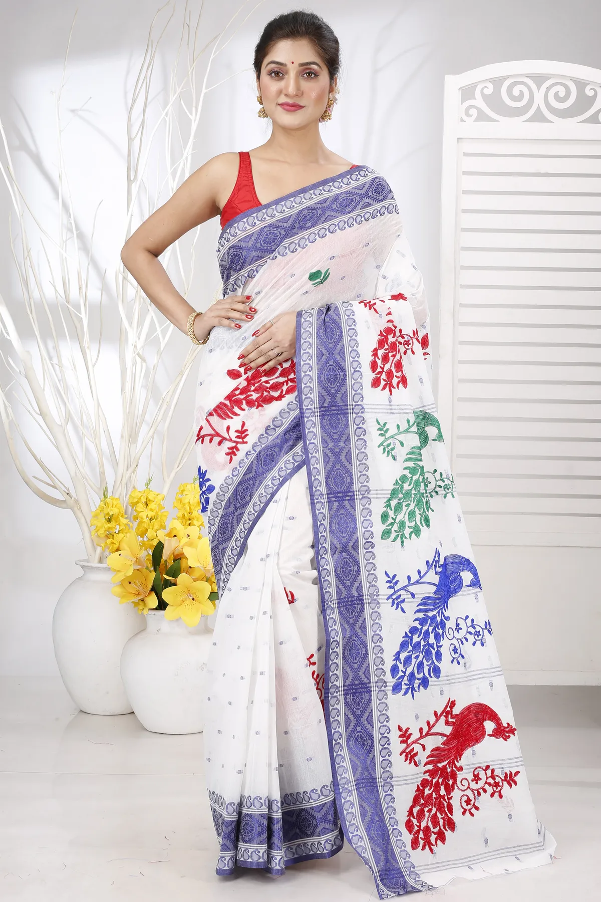 DipDiya Pure Cotton Blue White Embi Boysko Moyur Traditional Elegance Embroidery Tant Sarees