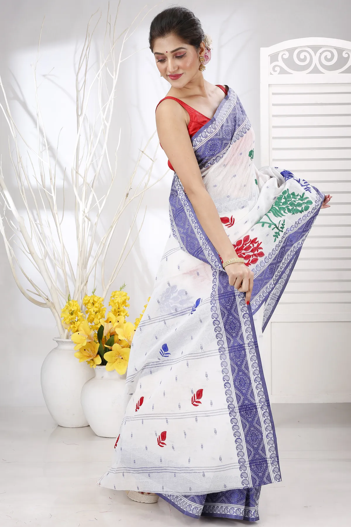 DipDiya Pure Cotton Blue White Embi Boysko Moyur Traditional Elegance Embroidery Tant Sarees