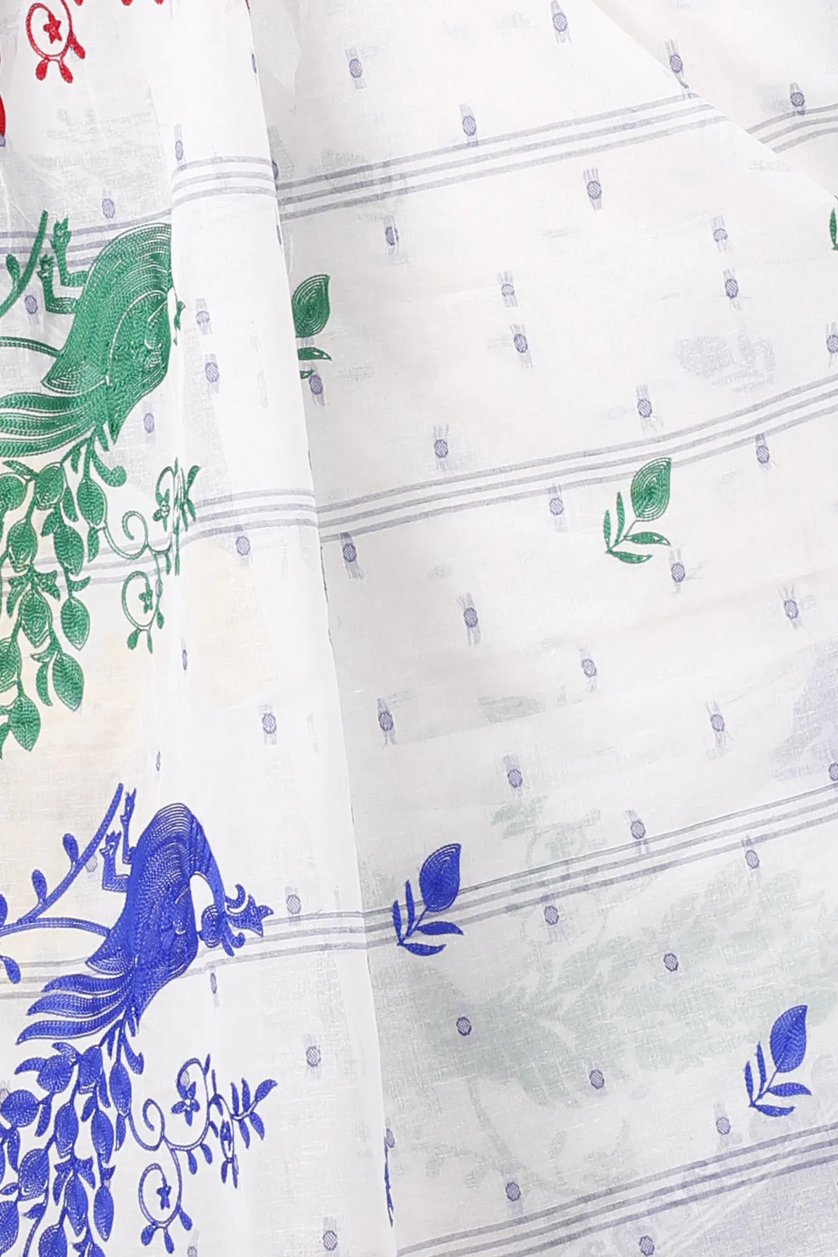 DipDiya Pure Cotton Blue White Embi Boysko Moyur Traditional Elegance Embroidery Tant Sarees