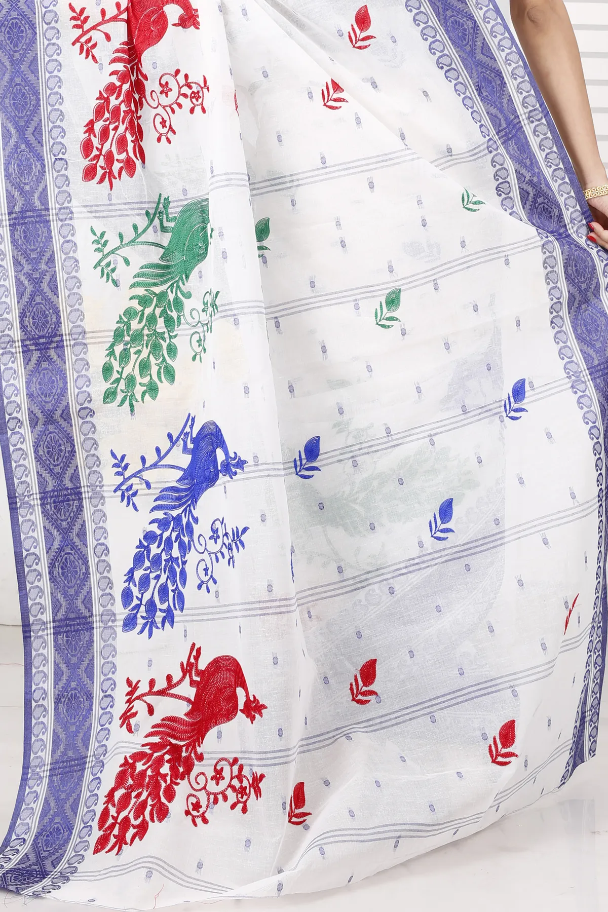 DipDiya Pure Cotton Blue White Embi Boysko Moyur Traditional Elegance Embroidery Tant Sarees