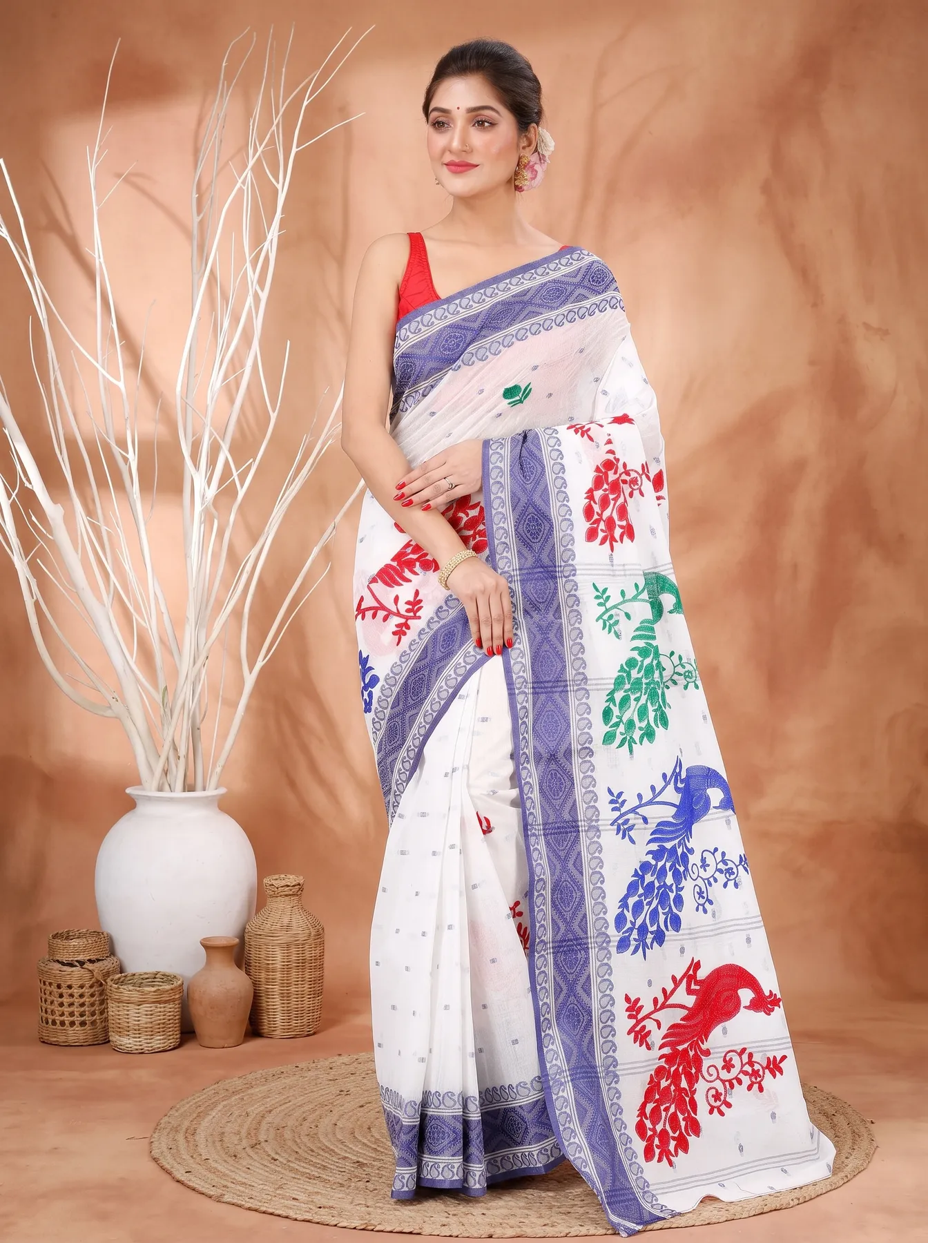 DipDiya Pure Cotton Blue White Embi Boysko Moyur Traditional Elegance Embroidery Tant Sarees