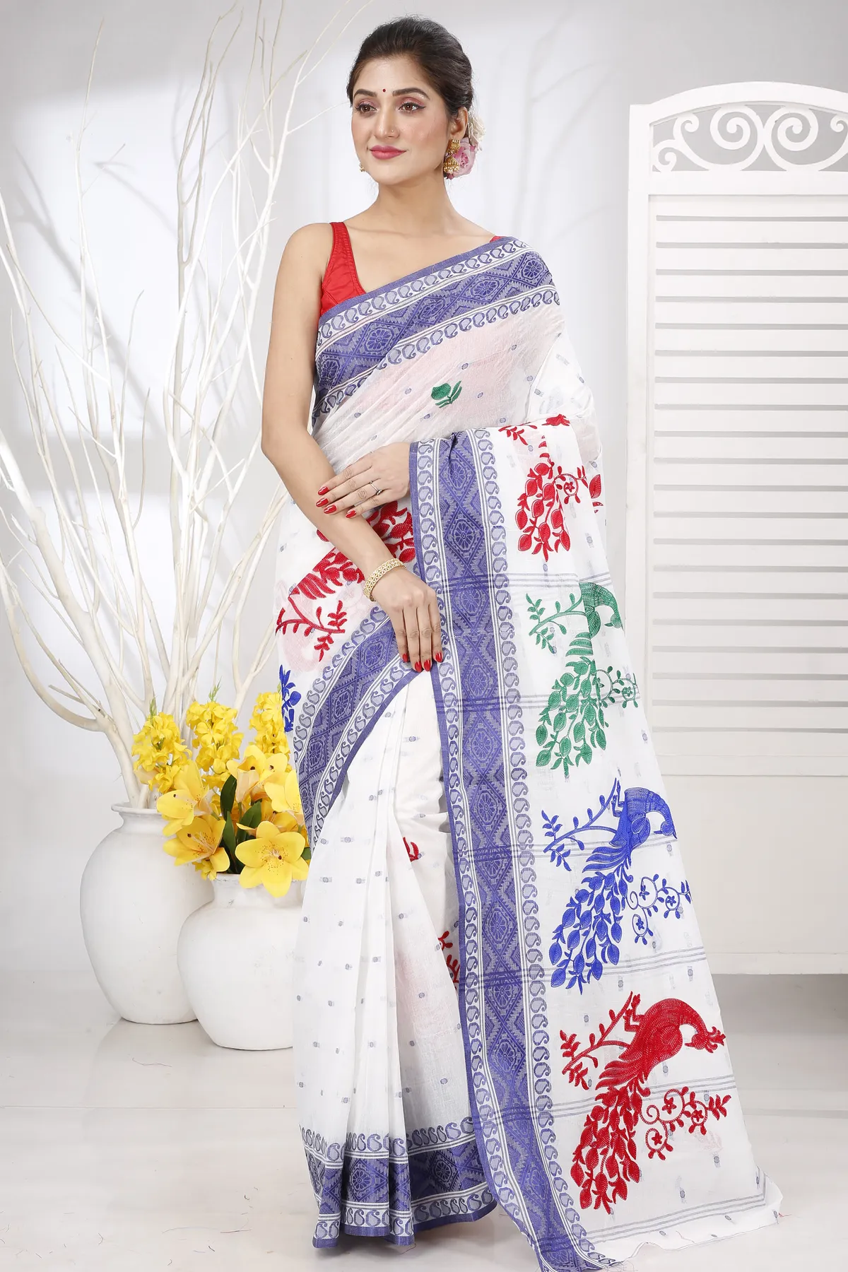 DipDiya Pure Cotton Blue White Embi Boysko Moyur Traditional Elegance Embroidery Tant Sarees