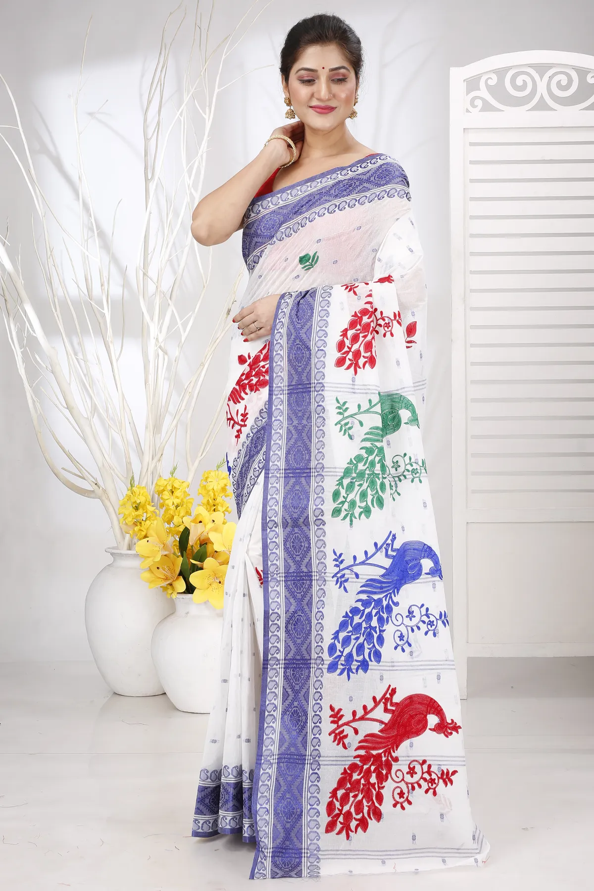 DipDiya Pure Cotton Blue White Embi Boysko Moyur Traditional Elegance Embroidery Tant Sarees