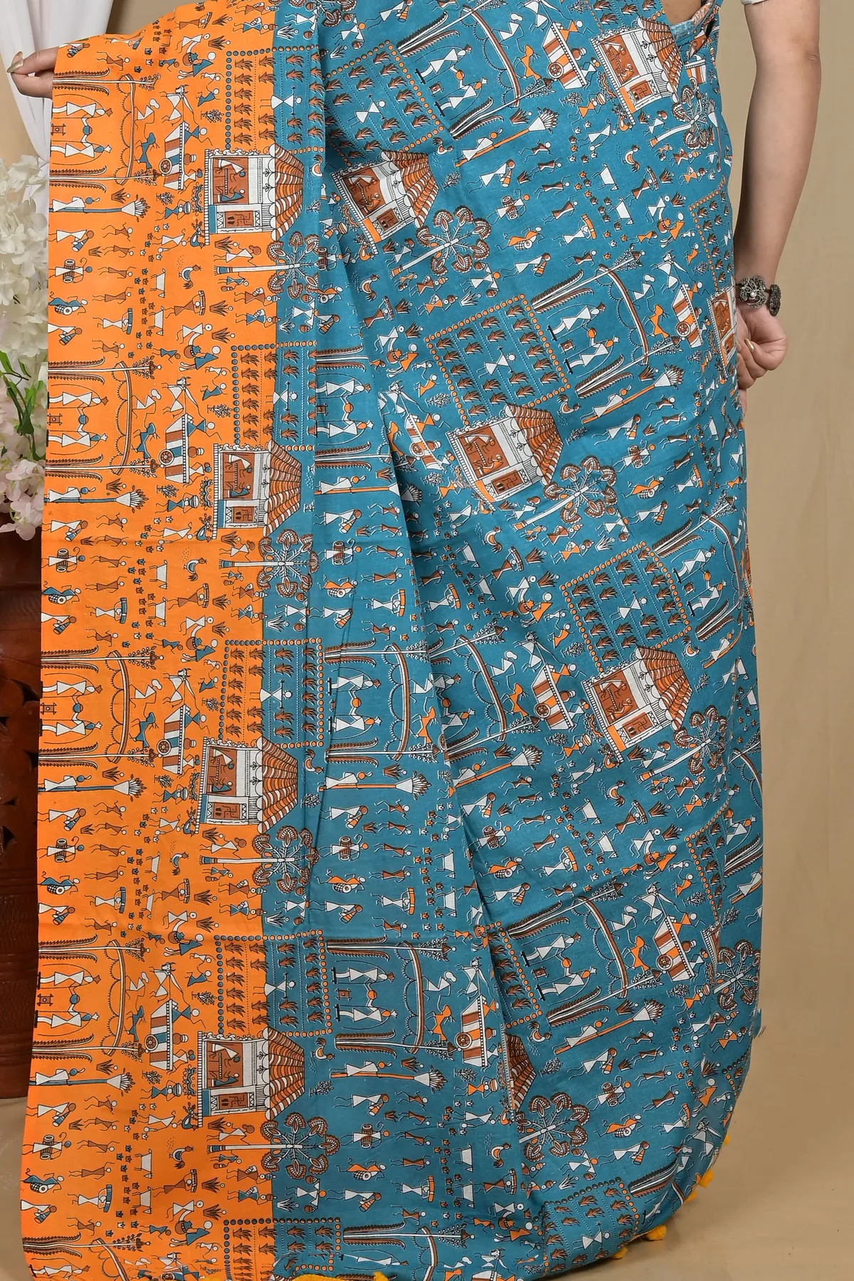 DipDiya Pure Cotton Blue Yellow Giana Woven by Hand Kalamkari Printed Sarees