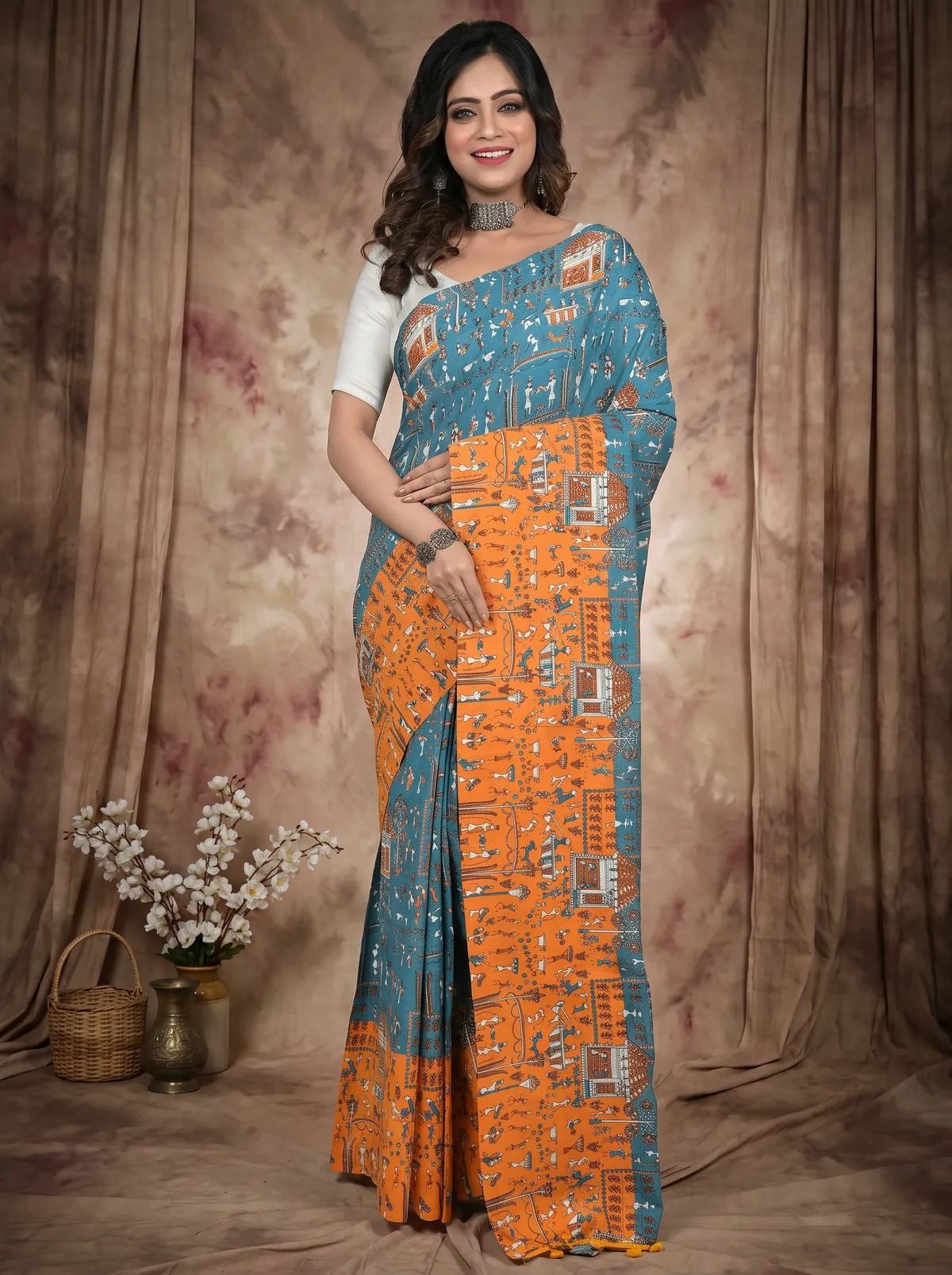 DipDiya Pure Cotton Blue Yellow Giana Woven by Hand Kalamkari Printed Sarees