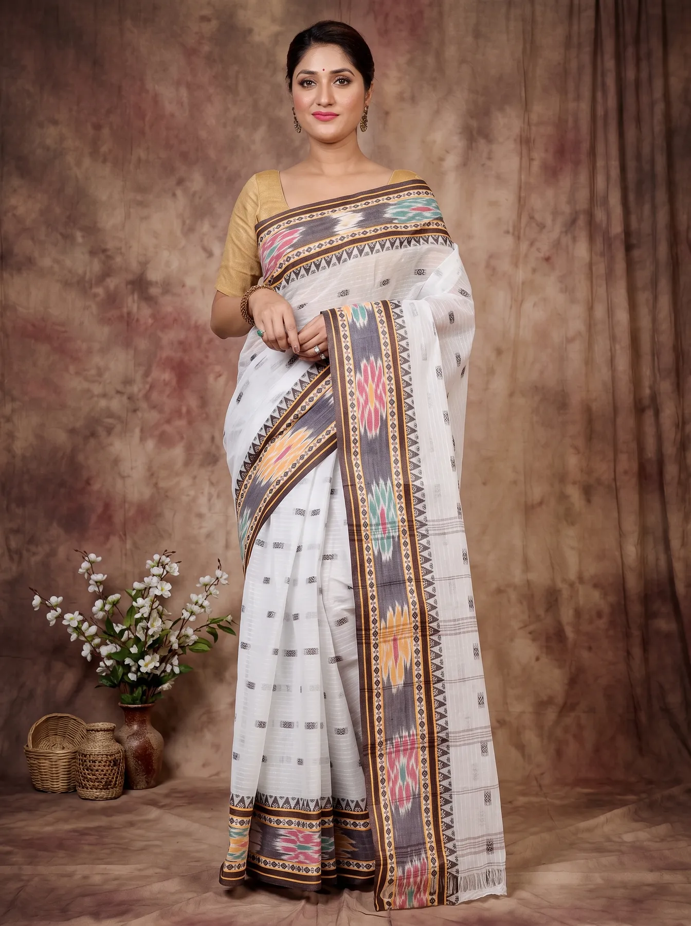 DipDiya Pure Cotton Brown and White Hema Essence of Bengal Tant Sarees