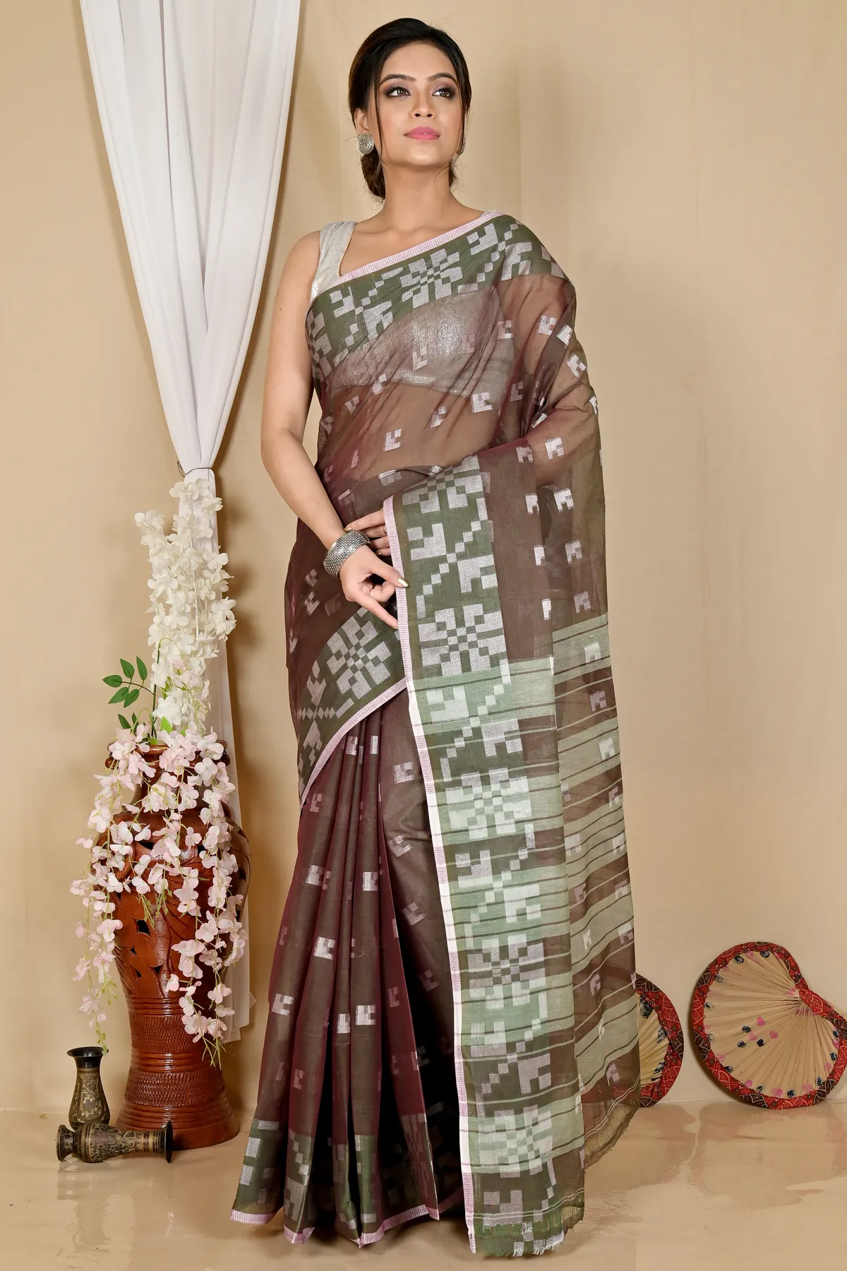 DipDiya Pure Cotton Brown Aptuk Effortless Tradition Tant Sarees