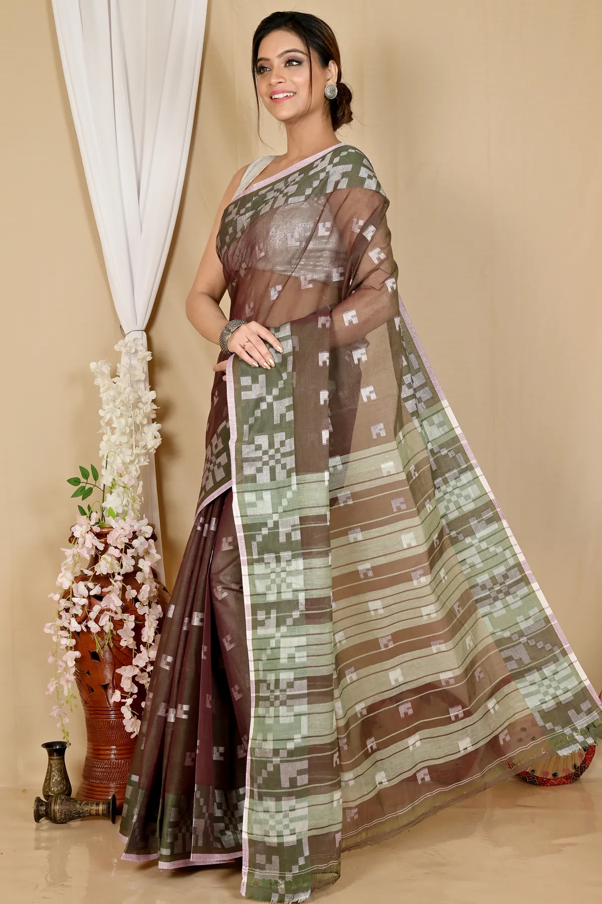 DipDiya Pure Cotton Brown Aptuk Effortless Tradition Tant Sarees