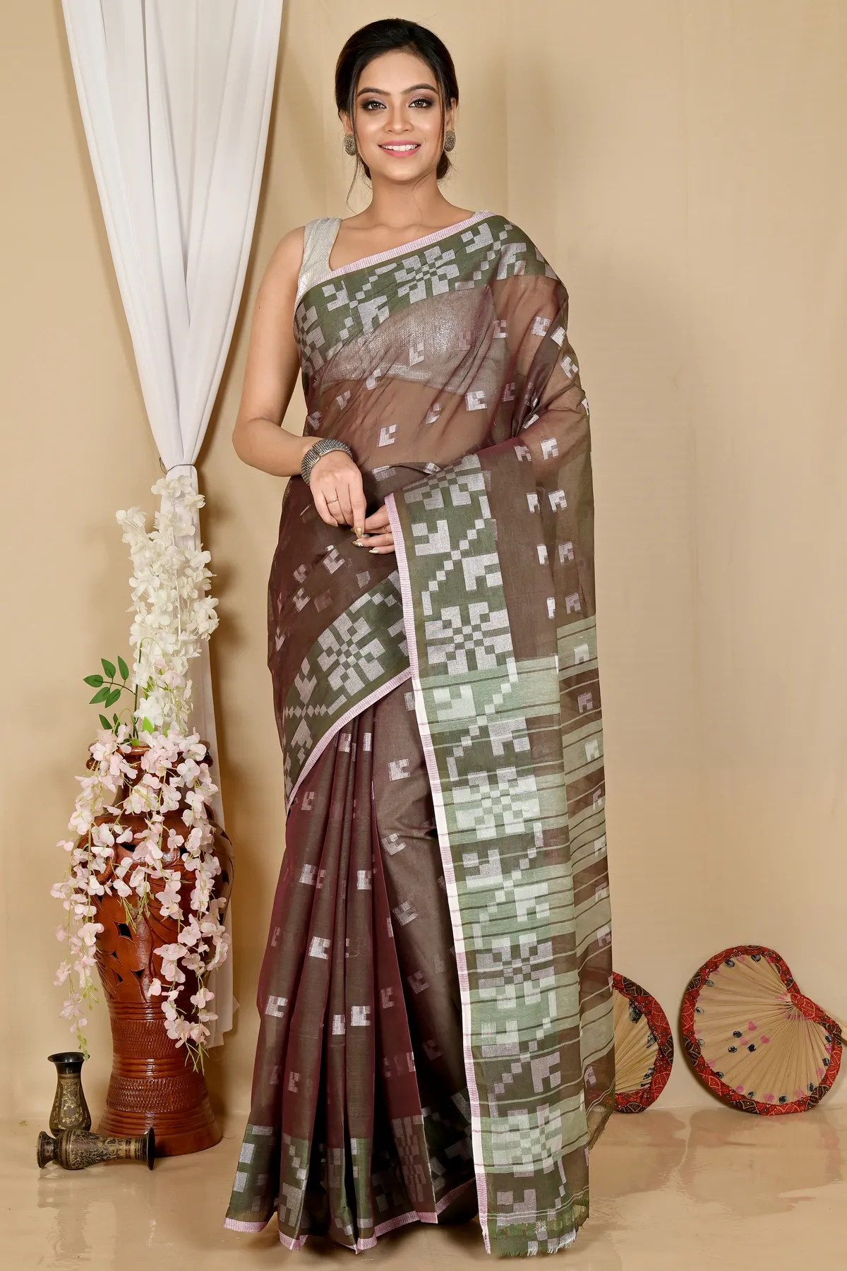 DipDiya Pure Cotton Brown Aptuk Effortless Tradition Tant Sarees