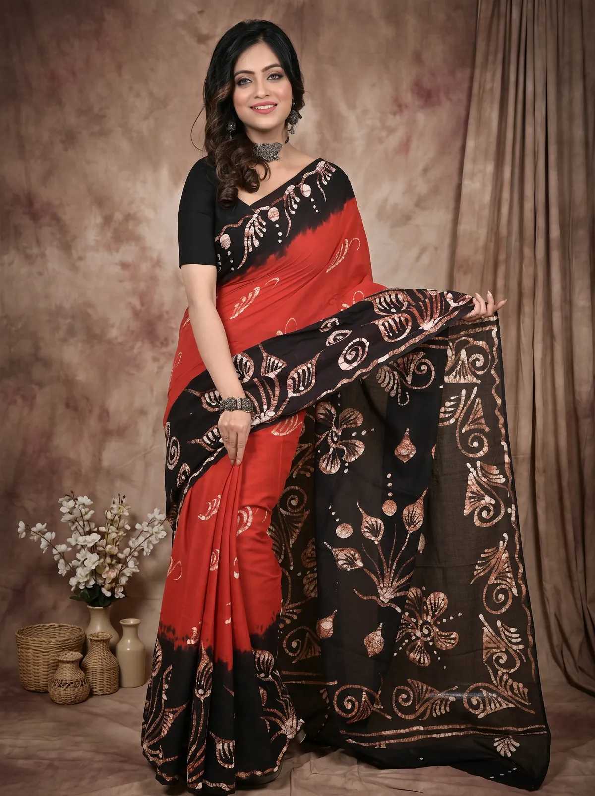 DipDiya Pure Cotton Brown Black Pihu Loom to Love Batik Print Sarees