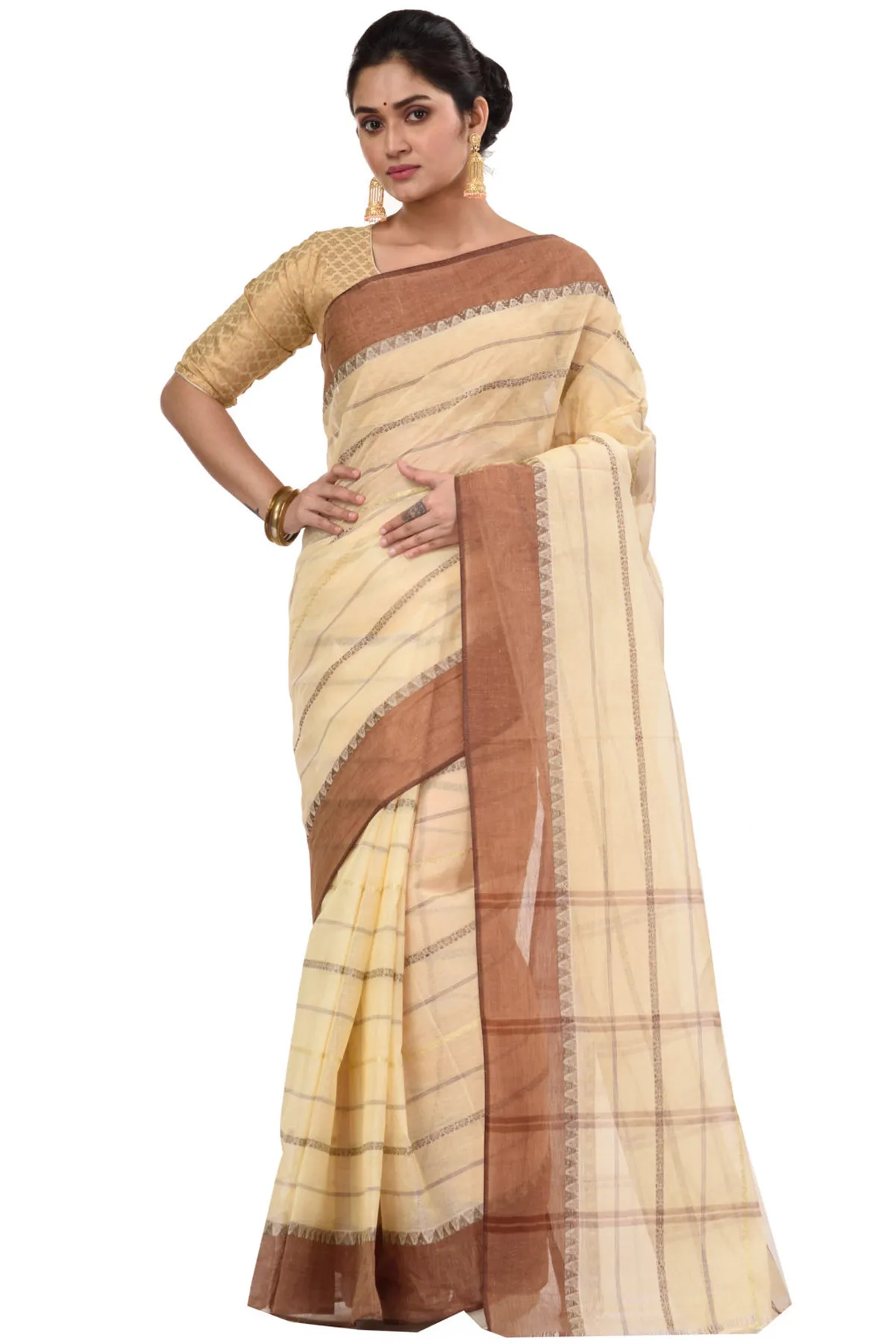 DipDiya Pure Cotton Brown Boysko Bengali Heritage Tant Sarees