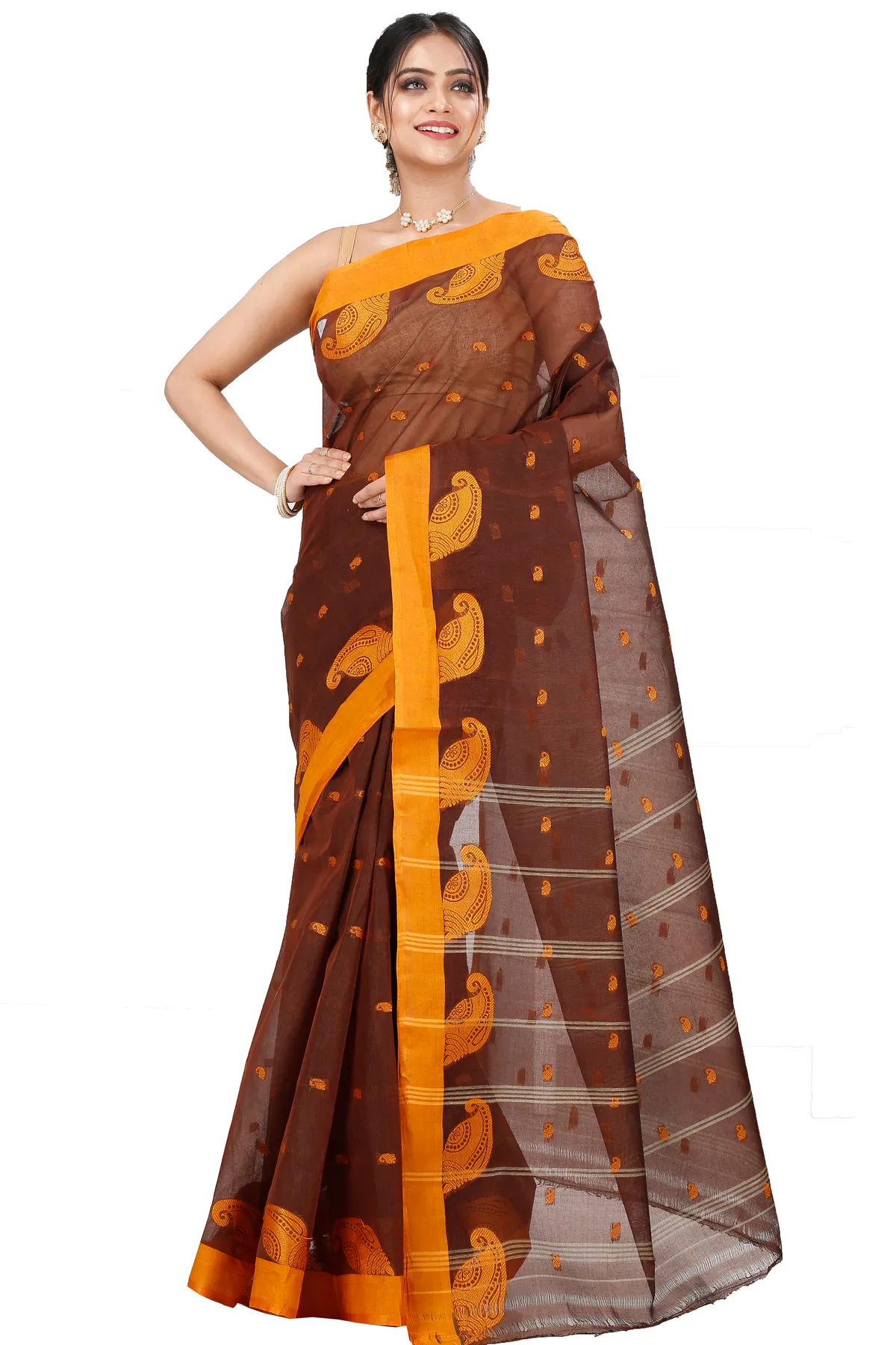 DipDiya Pure Cotton Brown Epto Shonko Grace of Bengal Tant Sarees