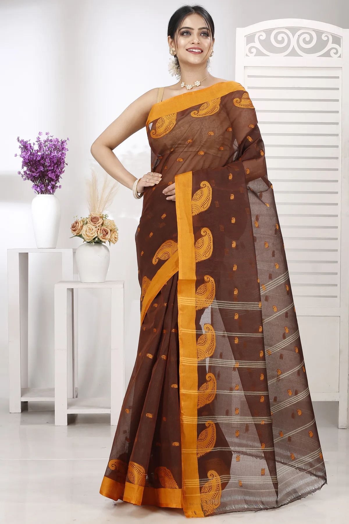 DipDiya Pure Cotton Brown Epto Shonko Grace of Bengal Tant Sarees