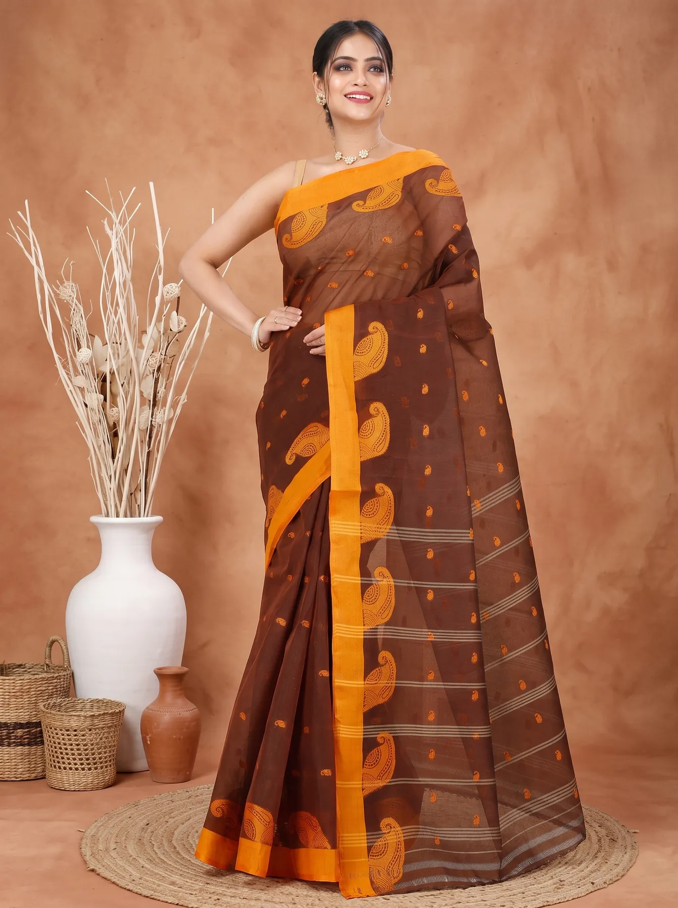 DipDiya Pure Cotton Brown Epto Shonko Grace of Bengal Tant Sarees