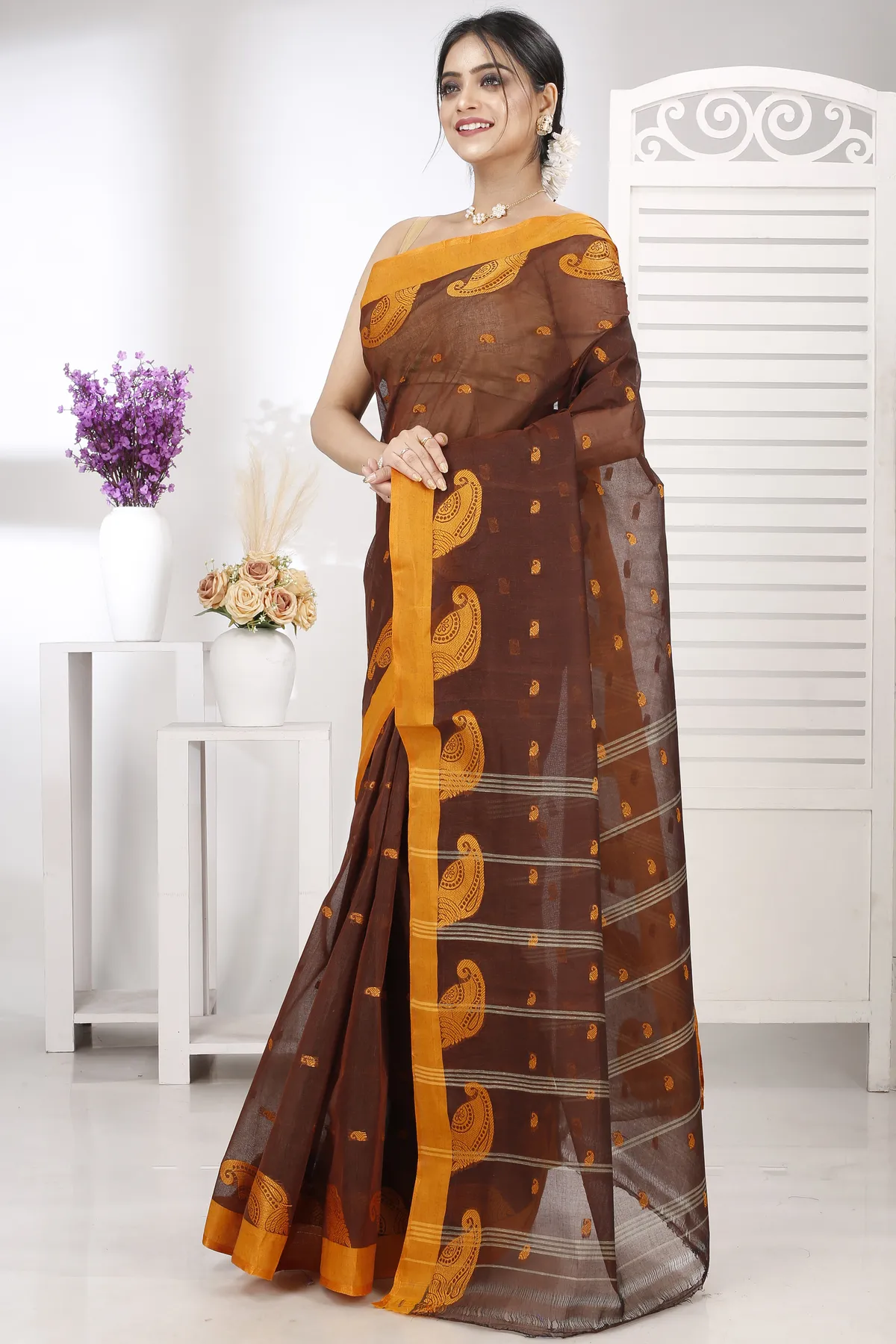 DipDiya Pure Cotton Brown Epto Shonko Grace of Bengal Tant Sarees