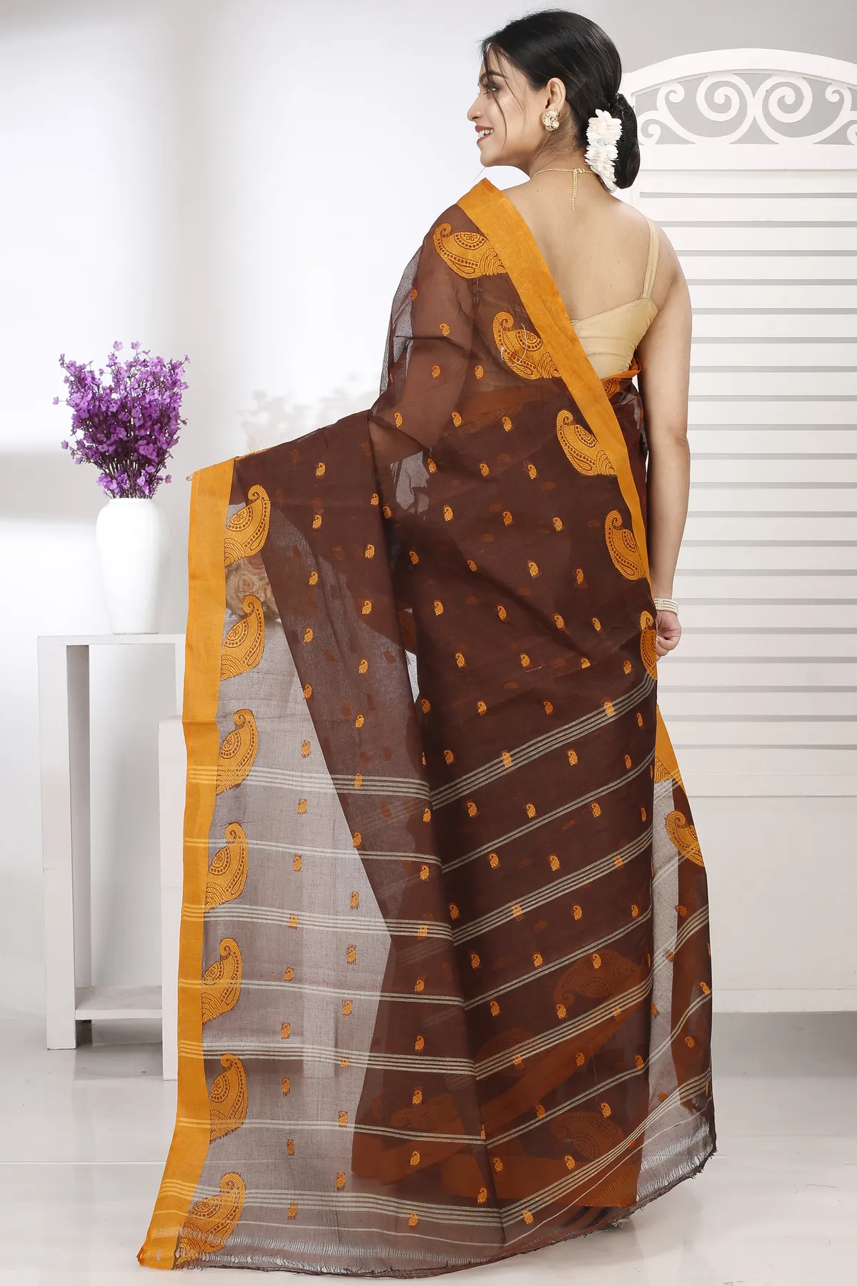 DipDiya Pure Cotton Brown Epto Shonko Grace of Bengal Tant Sarees