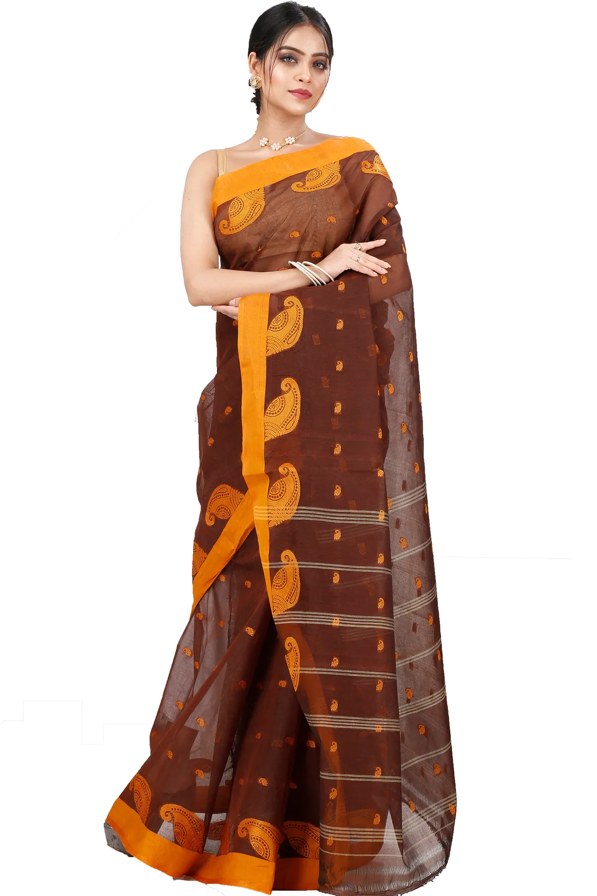 DipDiya Pure Cotton Brown Epto Shonko Grace of Bengal Tant Sarees