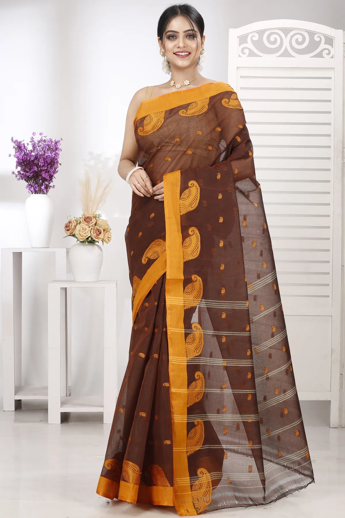DipDiya Pure Cotton Brown Epto Shonko Grace of Bengal Tant Sarees