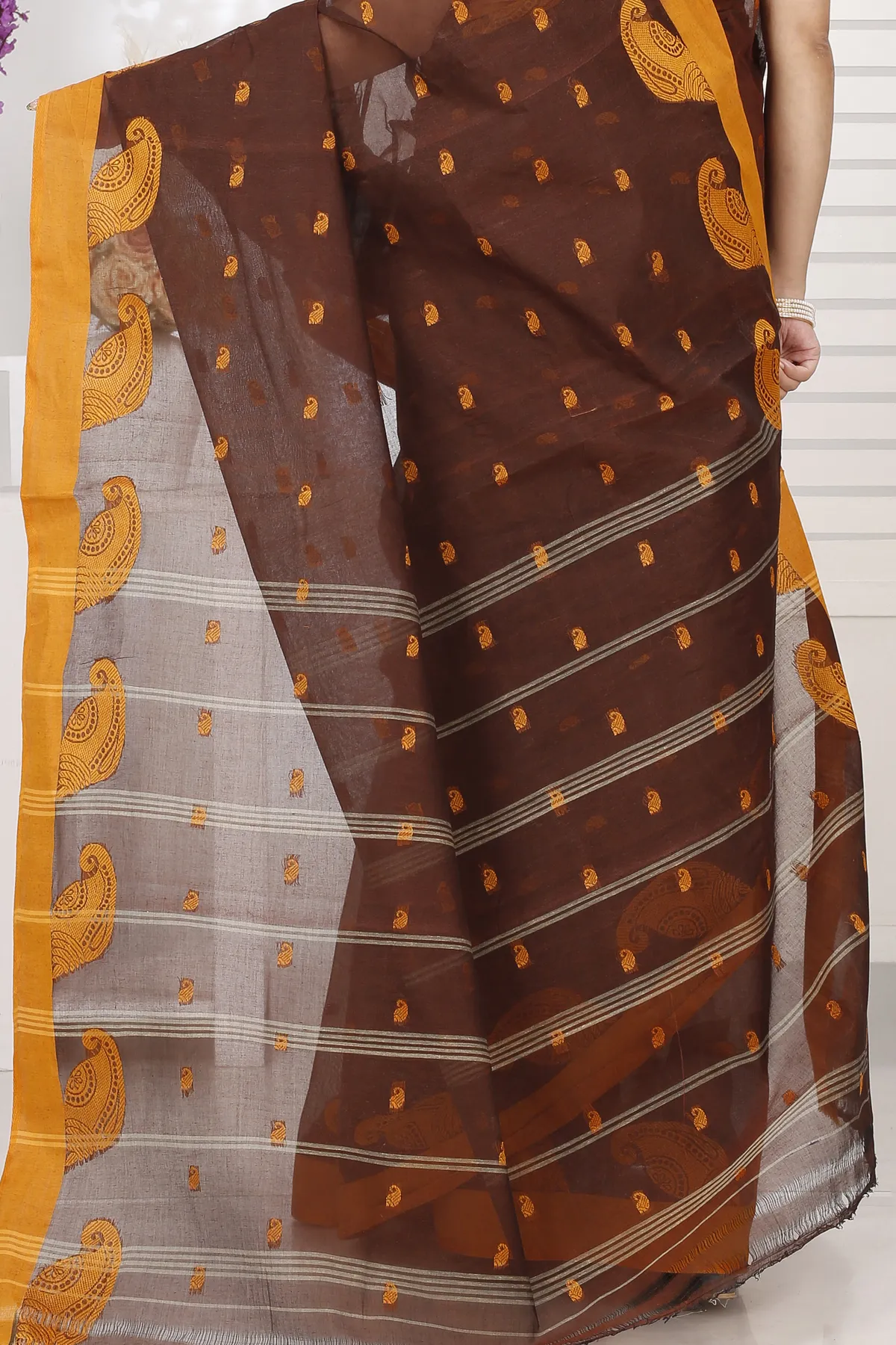 DipDiya Pure Cotton Brown Epto Shonko Grace of Bengal Tant Sarees