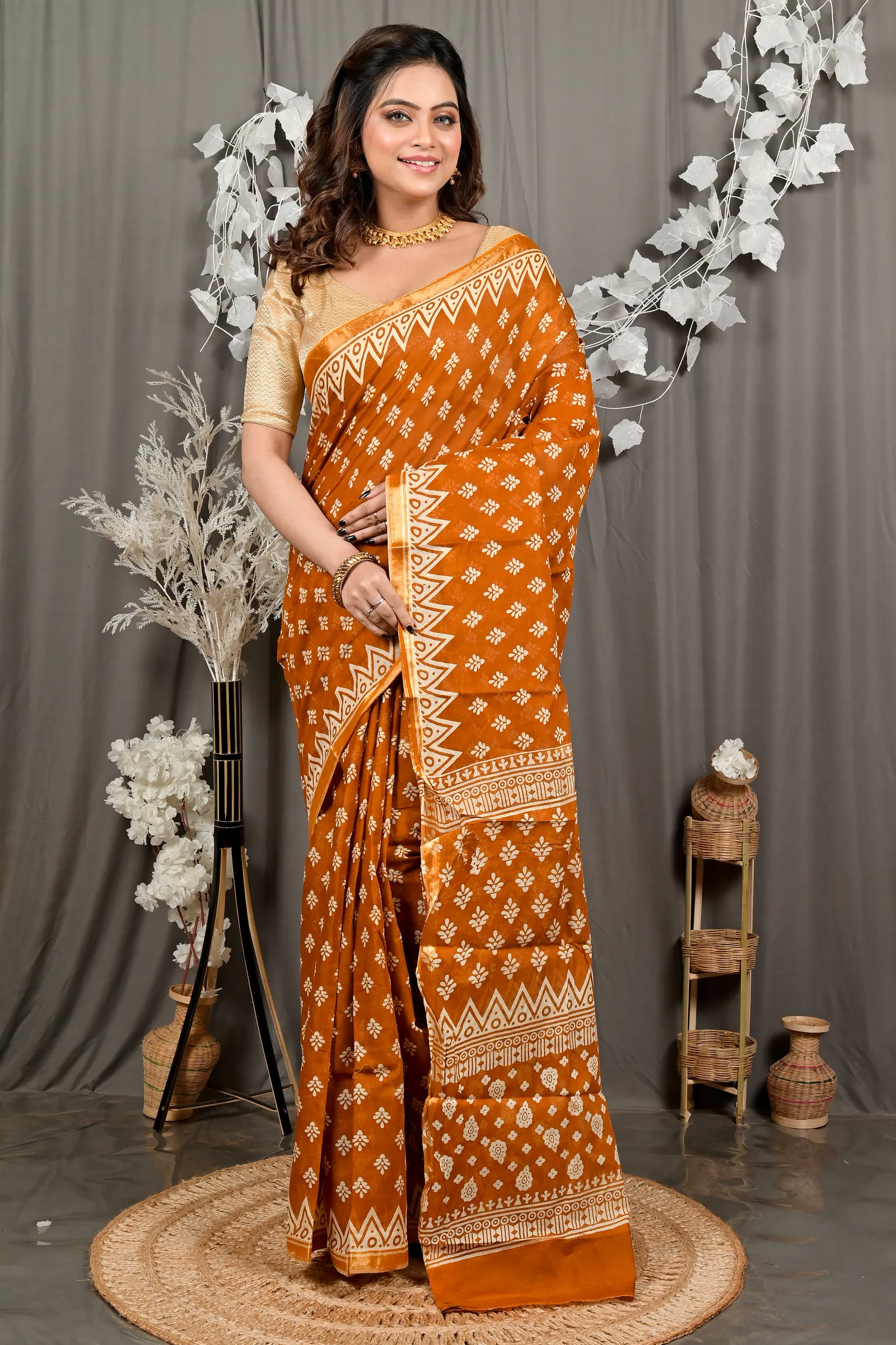 DipDiya Pure Cotton Brown Febasi Bengal’s Legacy Batik Print Sarees