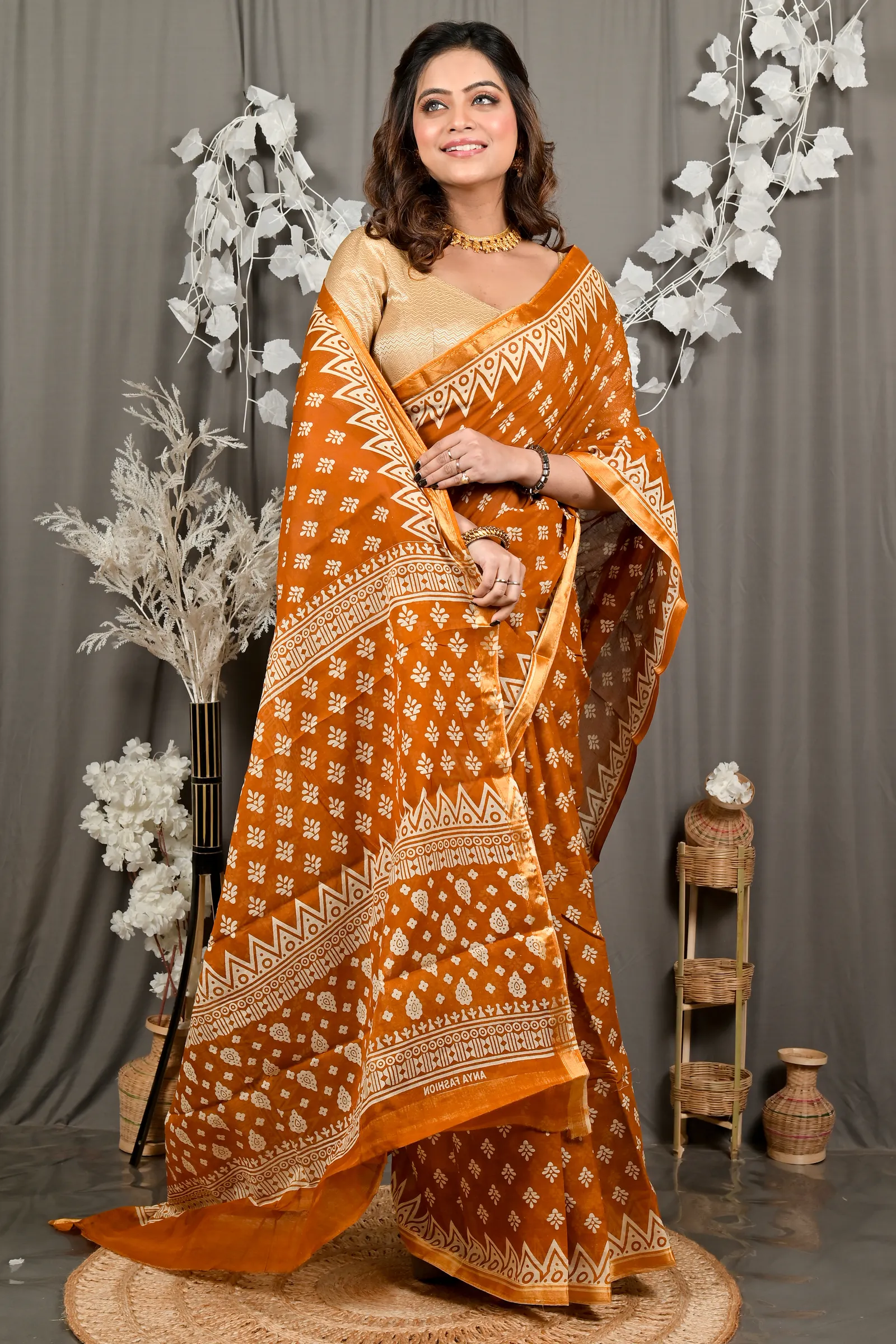 DipDiya Pure Cotton Brown Febasi Bengal’s Legacy Batik Print Sarees