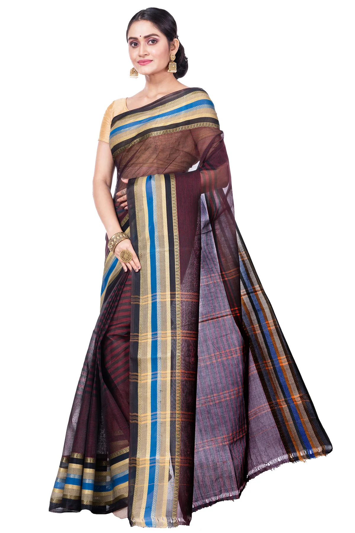 DipDiya Pure Cotton Brown Khajur Churi Strip Masterfully Woven Tant Sarees