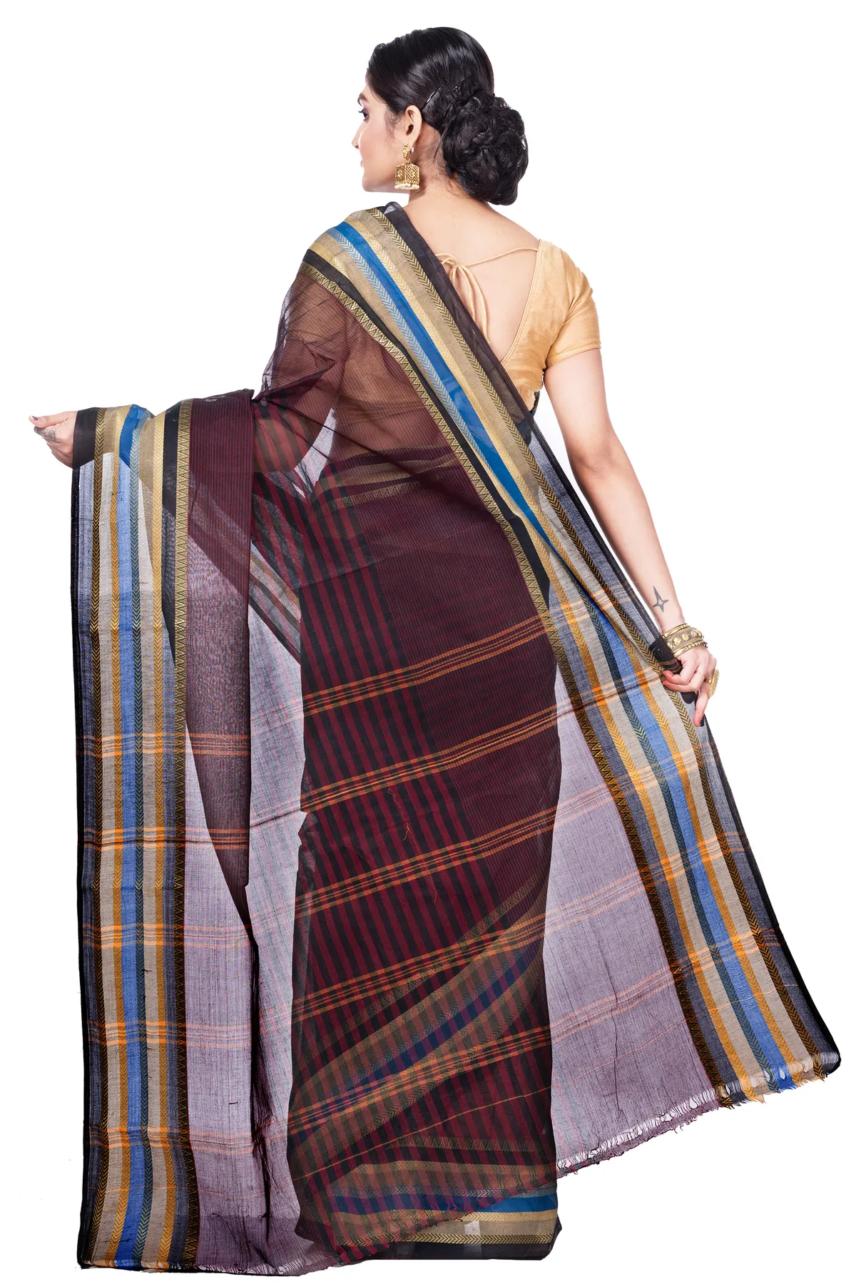 DipDiya Pure Cotton Brown Khajur Churi Strip Masterfully Woven Tant Sarees