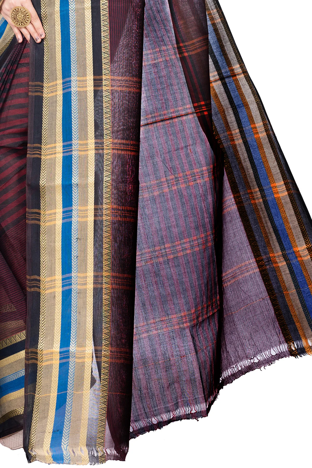 DipDiya Pure Cotton Brown Khajur Churi Strip Masterfully Woven Tant Sarees