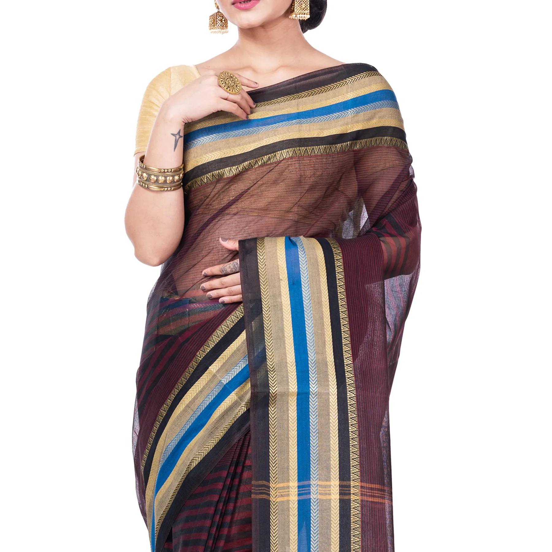 DipDiya Pure Cotton Brown Khajur Churi Strip Masterfully Woven Tant Sarees