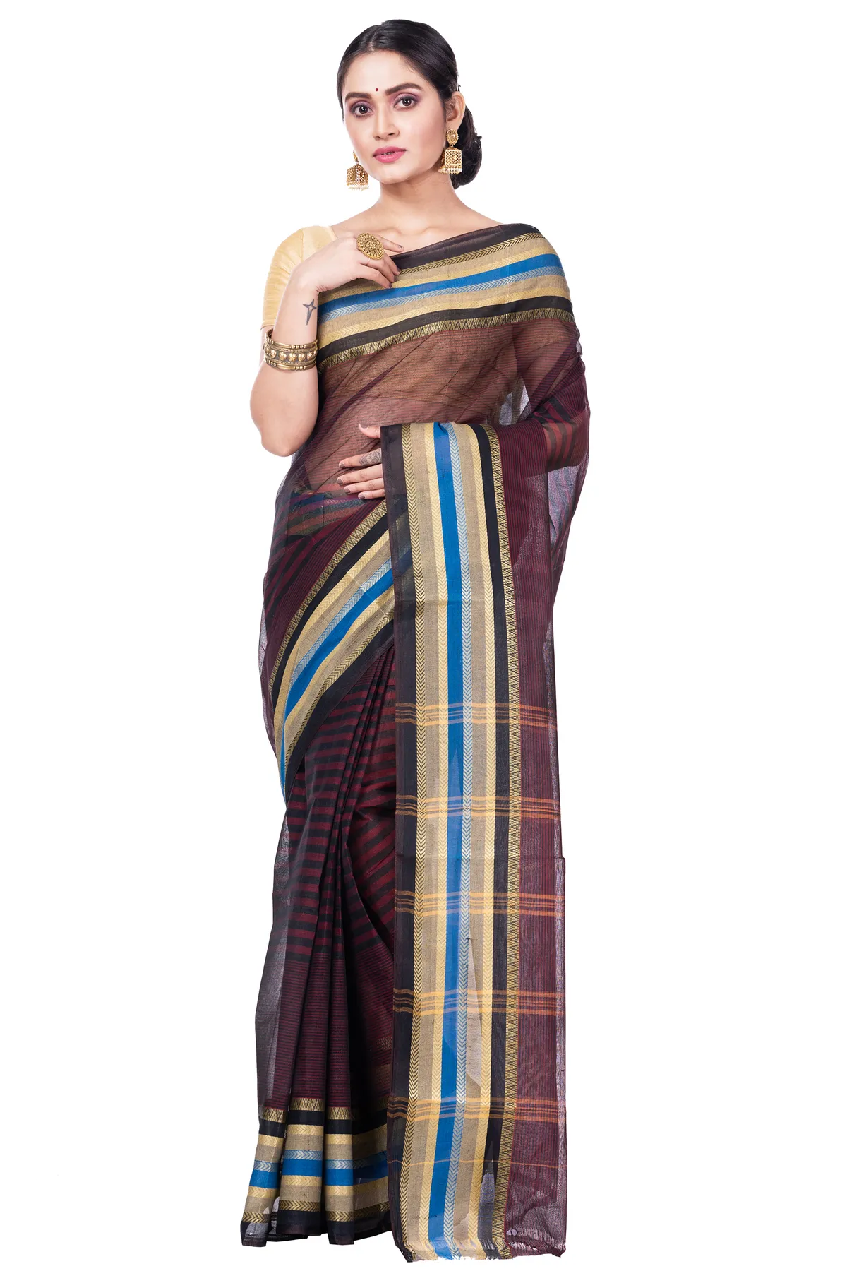 DipDiya Pure Cotton Brown Khajur Churi Strip Masterfully Woven Tant Sarees