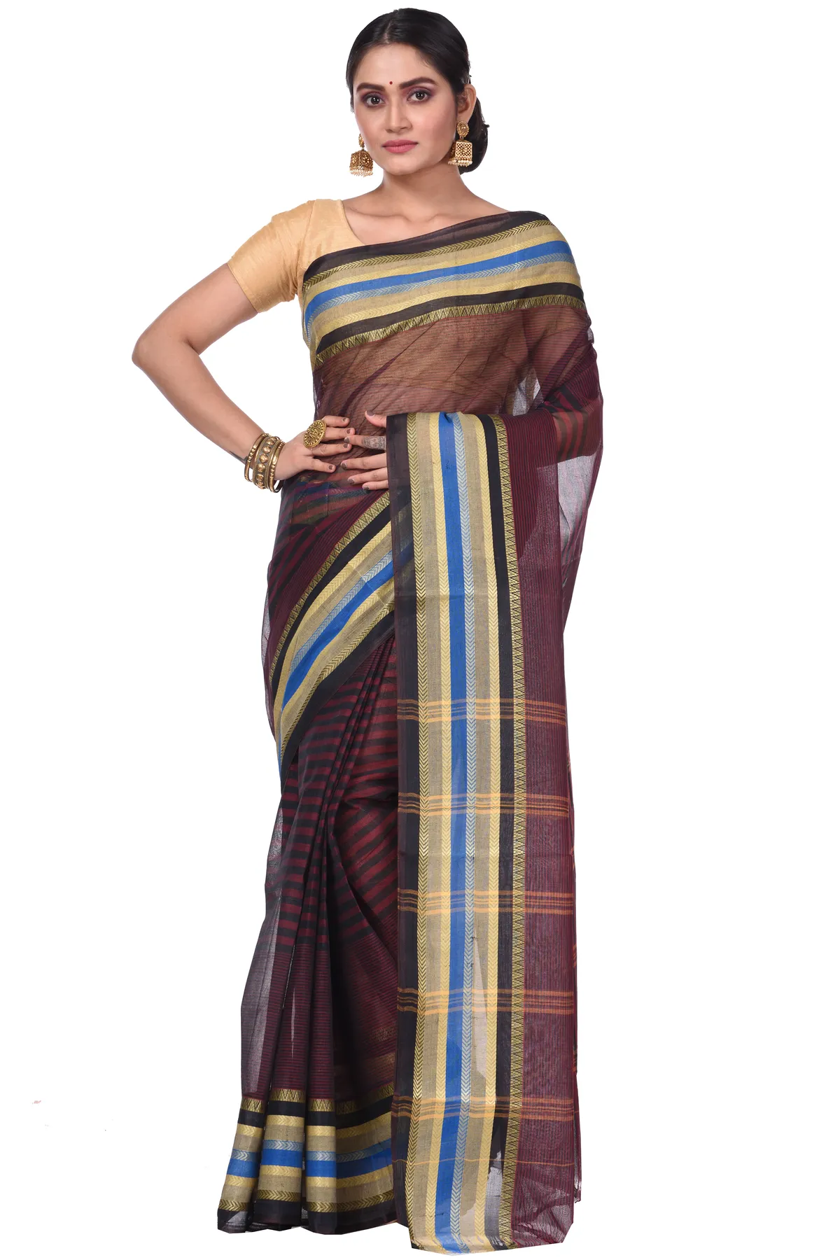 DipDiya Pure Cotton Brown Khajur Churi Strip Masterfully Woven Tant Sarees