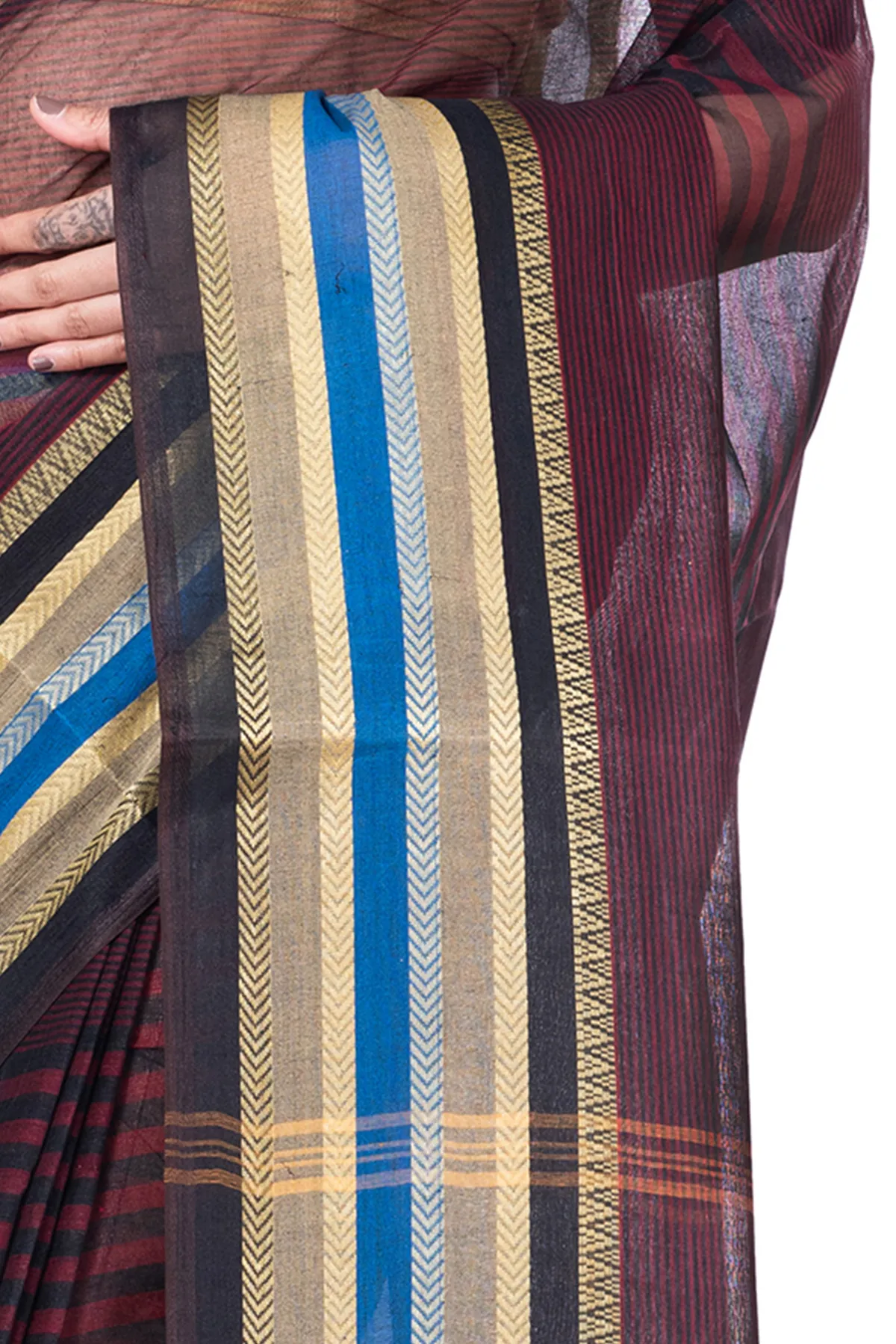 DipDiya Pure Cotton Brown Khajur Churi Strip Masterfully Woven Tant Sarees