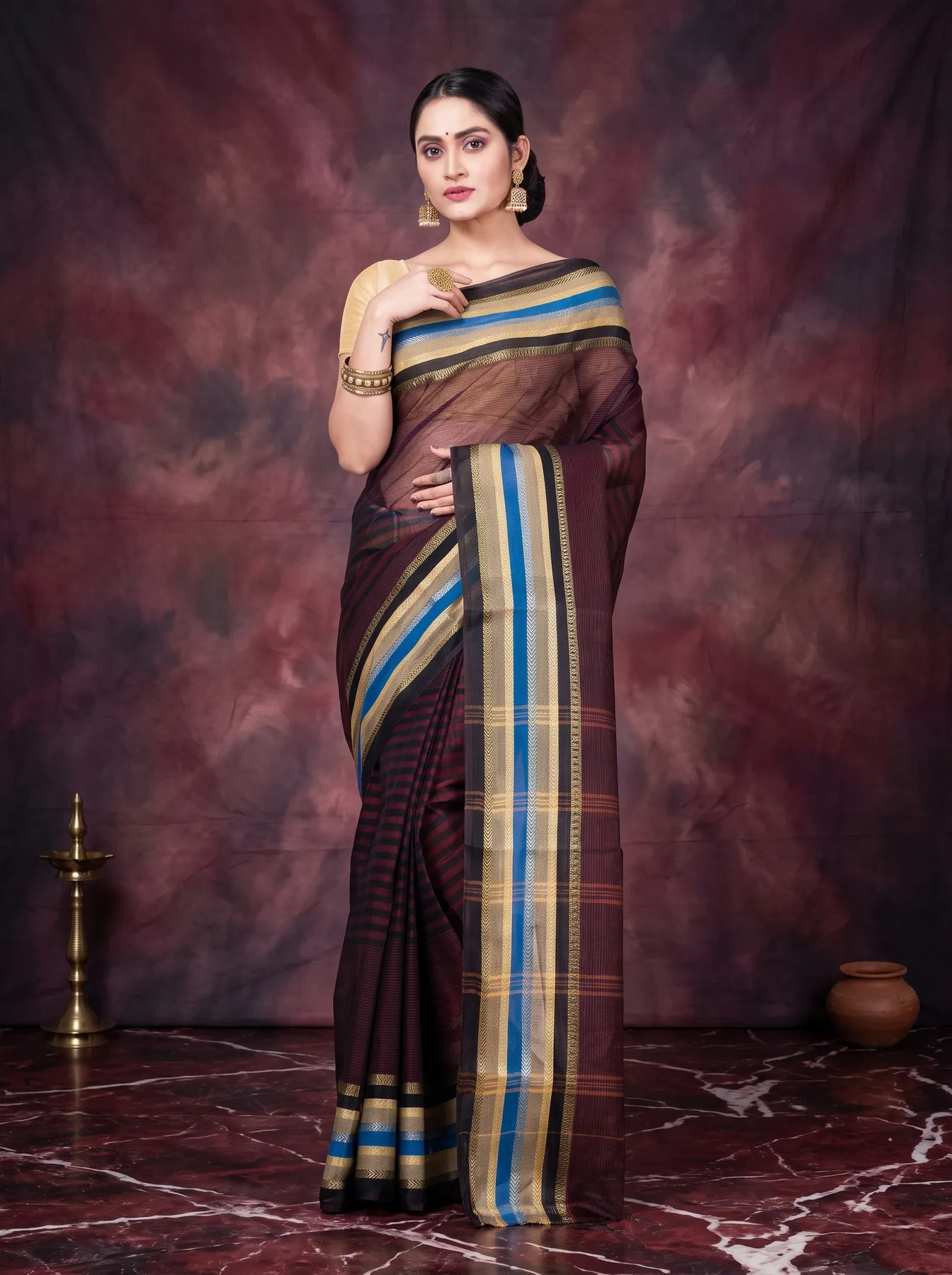 DipDiya Pure Cotton Brown Khajur Churi Strip Masterfully Woven Tant Sarees