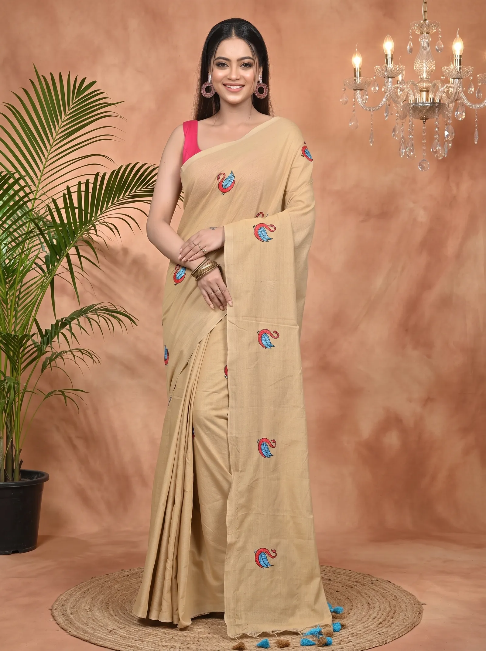 DipDiya Pure Cotton Brown Norvi Heritage of Bengal Embroidery Handloom sarees