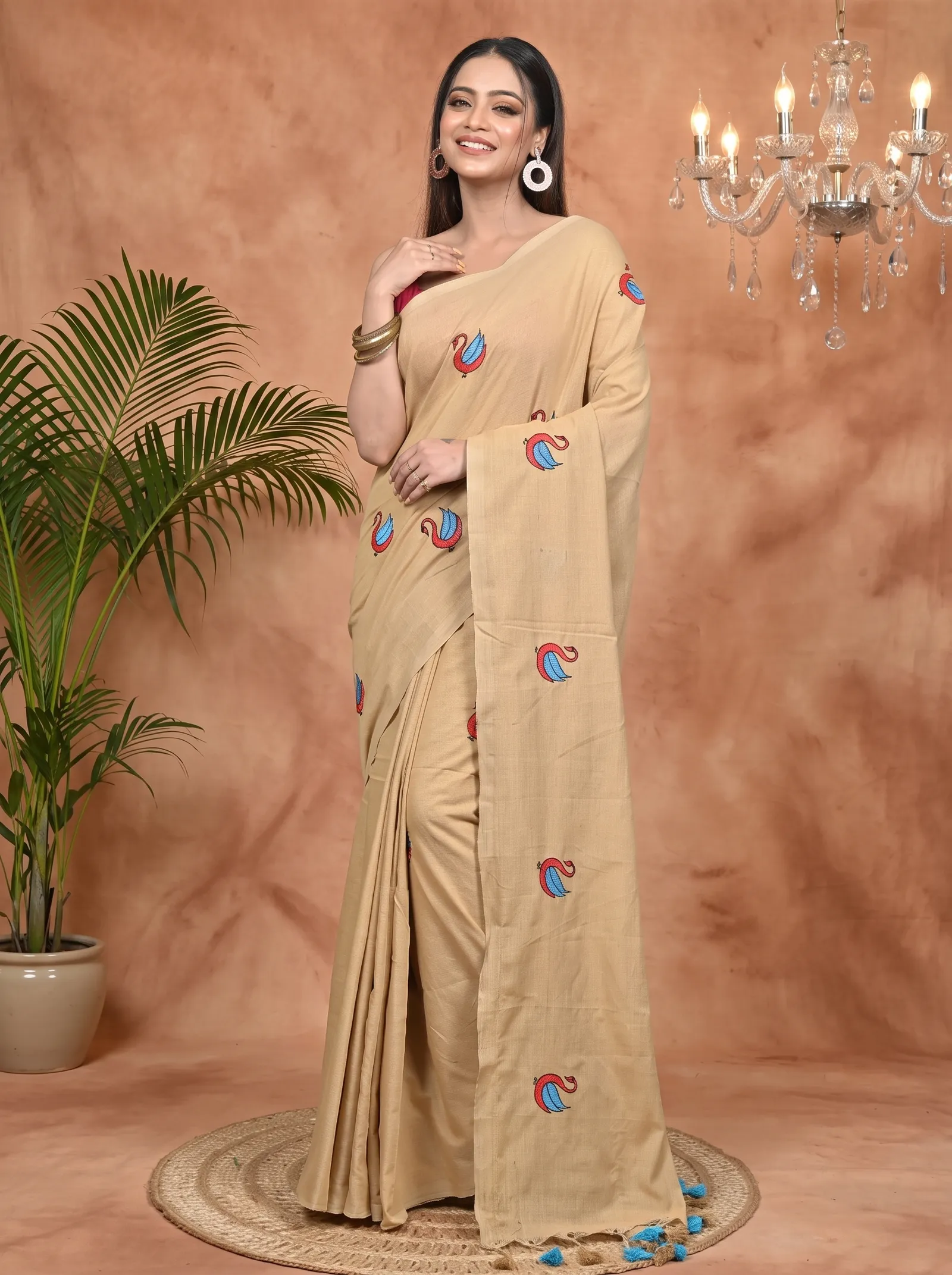 DipDiya Pure Cotton Brown Norvi Heritage of Bengal Embroidery Handloom sarees