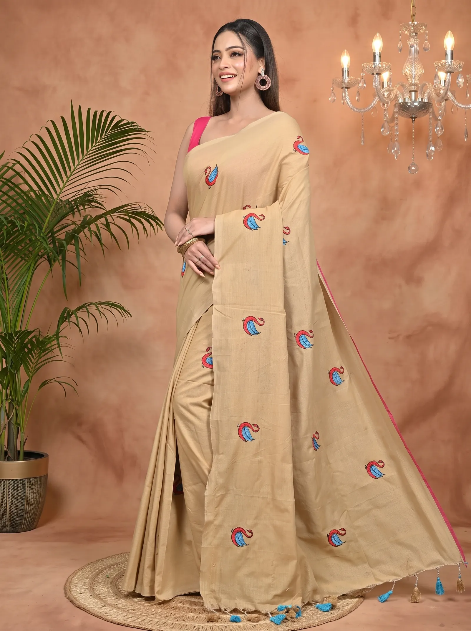 DipDiya Pure Cotton Brown Norvi Heritage of Bengal Embroidery Handloom sarees