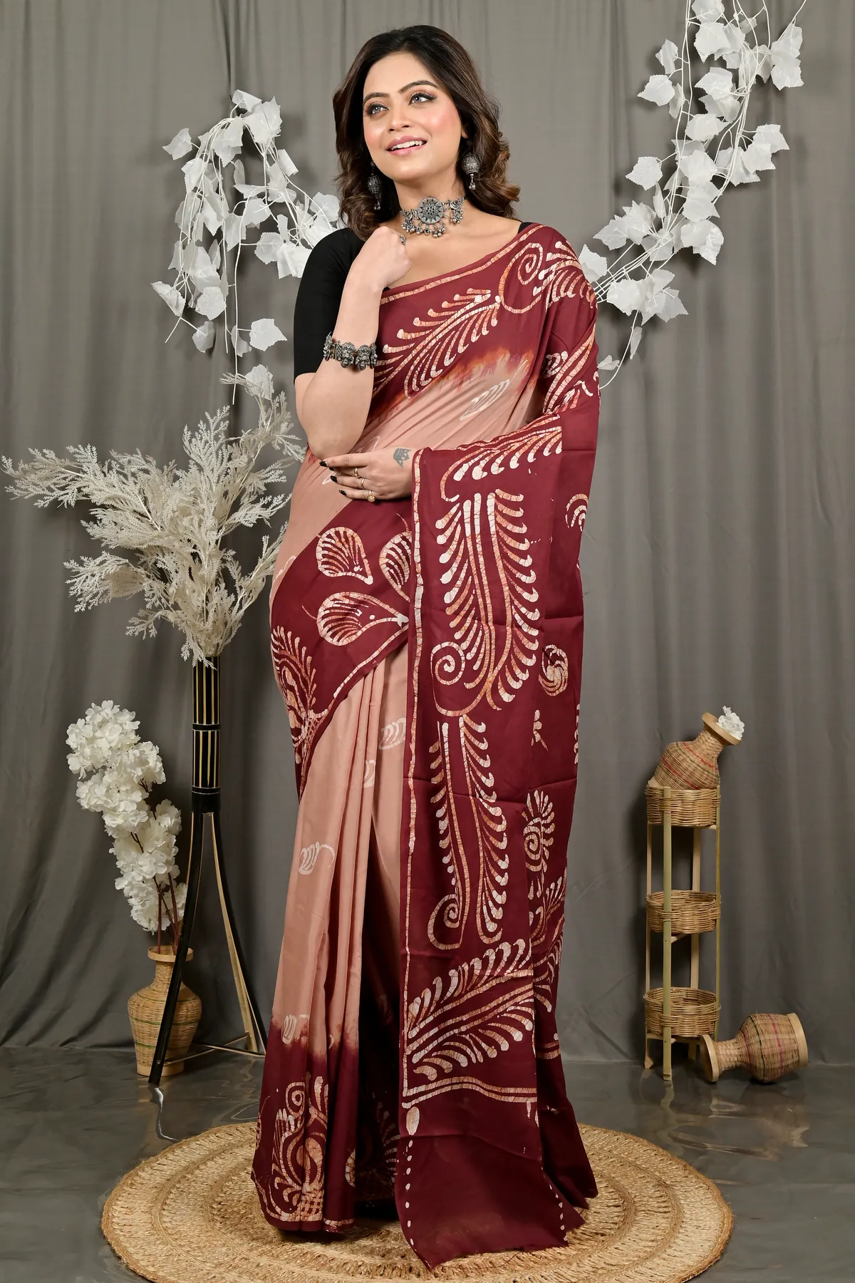 DipDiya Pure Cotton Brown Pihu Grace of Bengal Batik Print Sarees